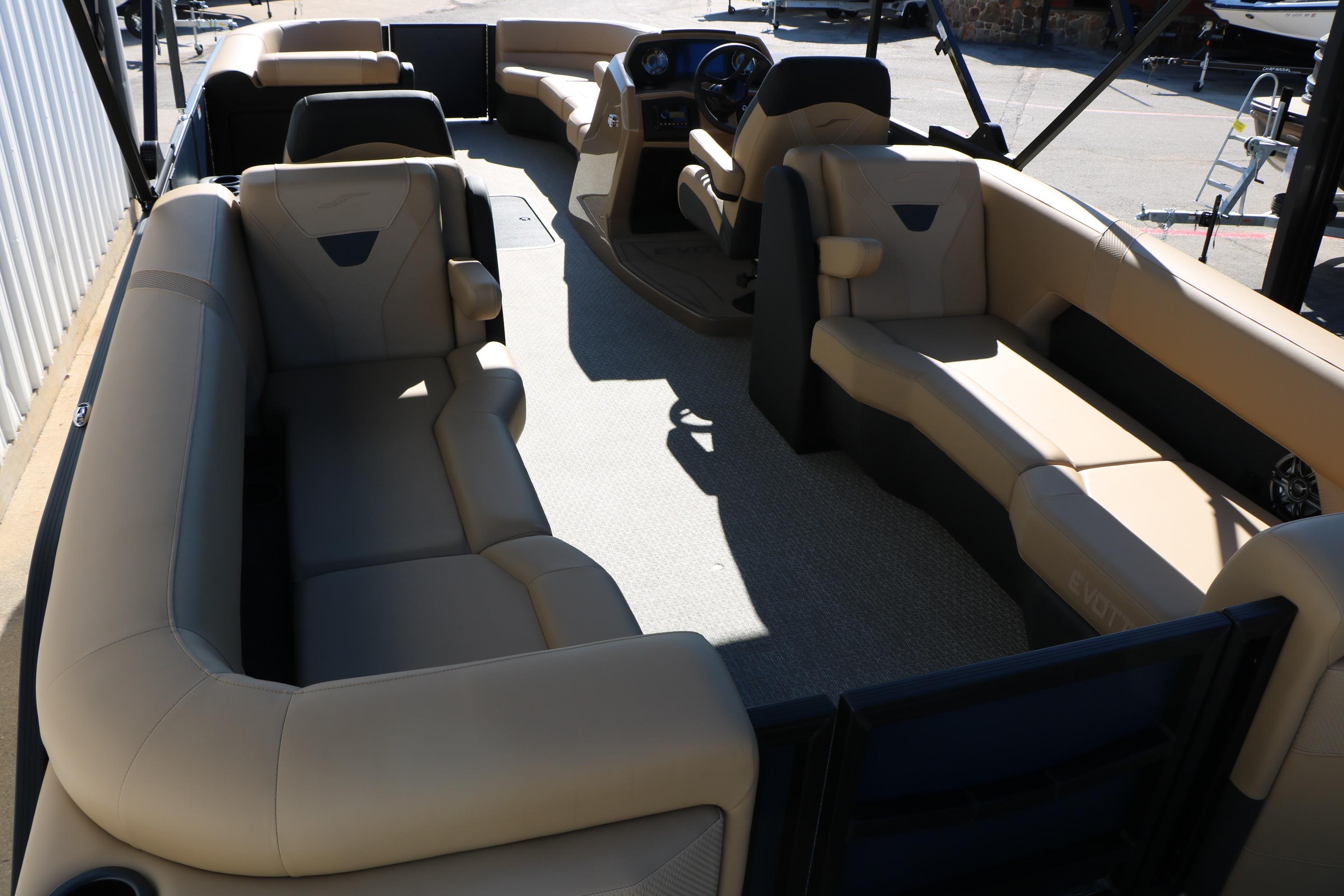 2026 Evotti 525 QL Tri-Toon boat interior with luxurious seating and modern design.