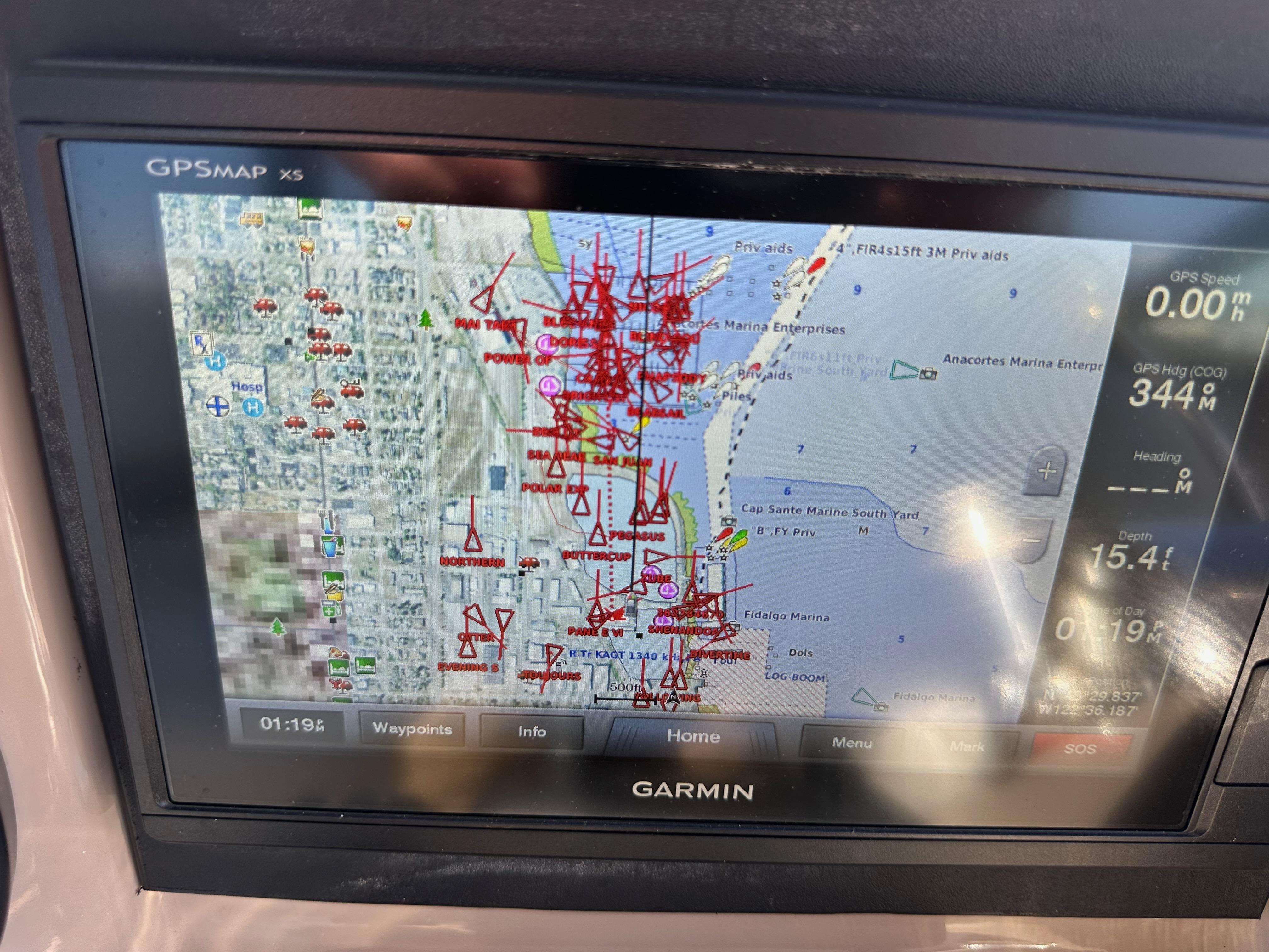 Garmin GPS display on 2004 Sea Ray 360 Sundancer, showing detailed nautical map.