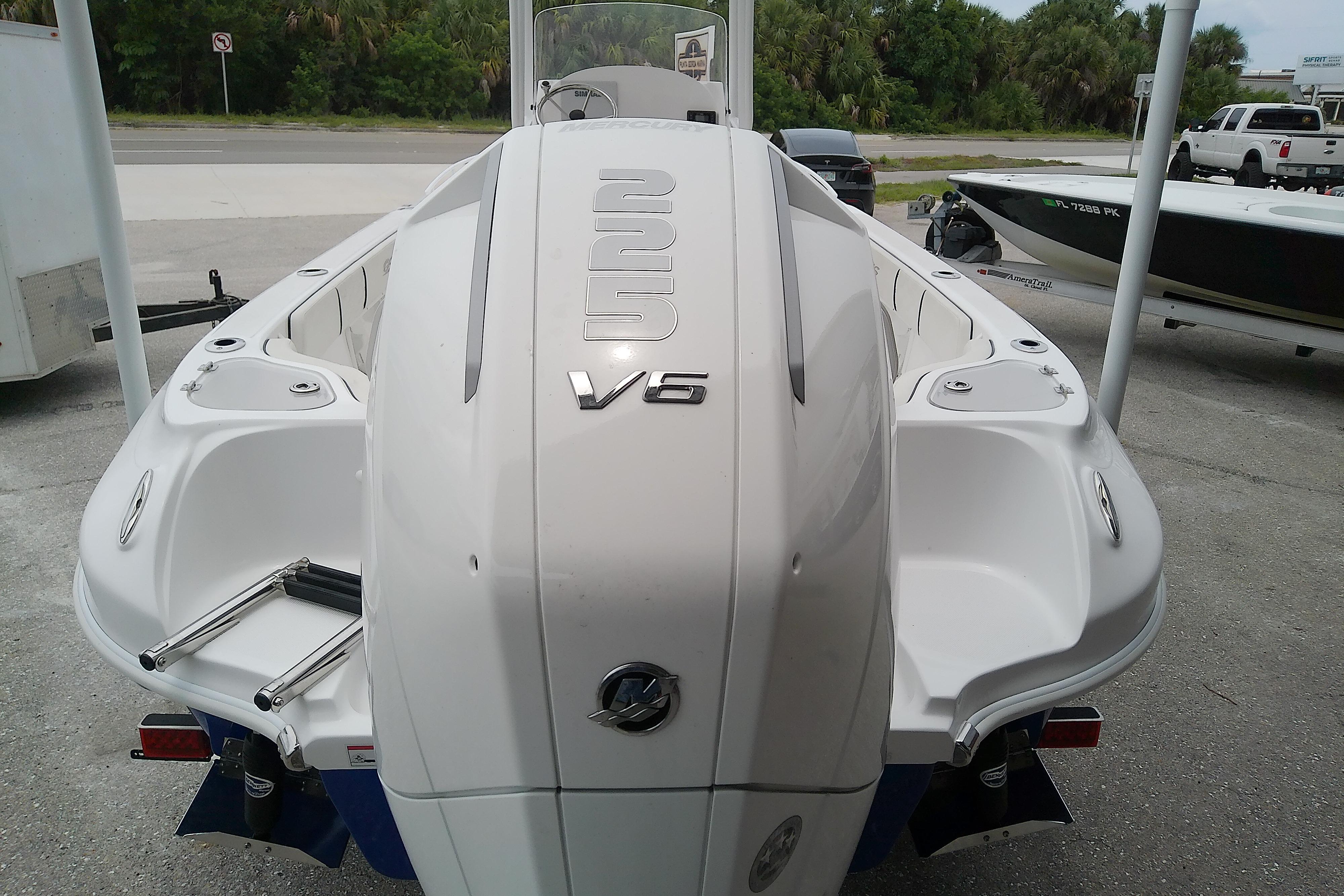 2025 Glasstream 240 CCX boat, rear view, showcasing sleek design and V5 engine.