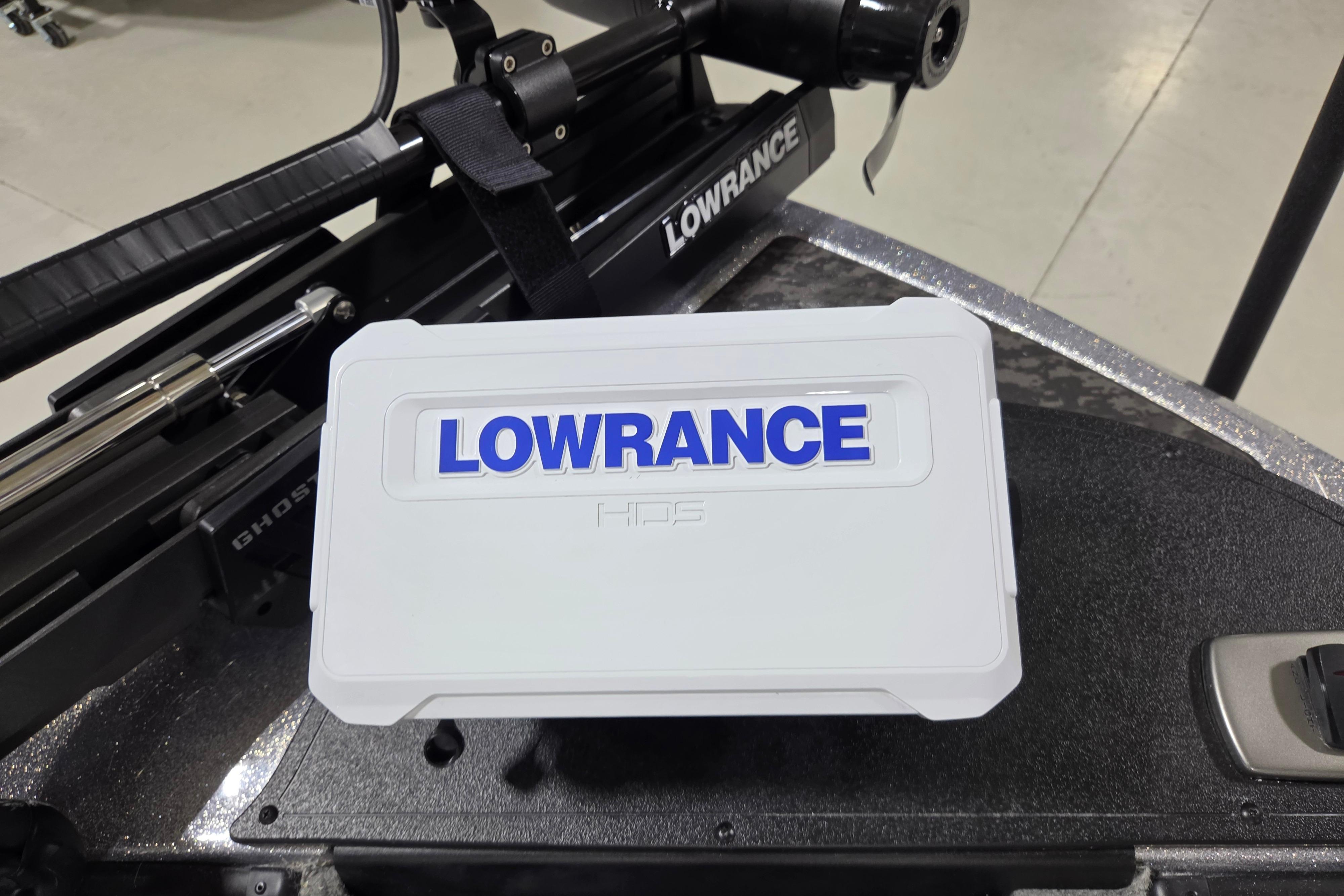 Lowrance HDS device on 2026 Nitro Z19 XL boat deck.