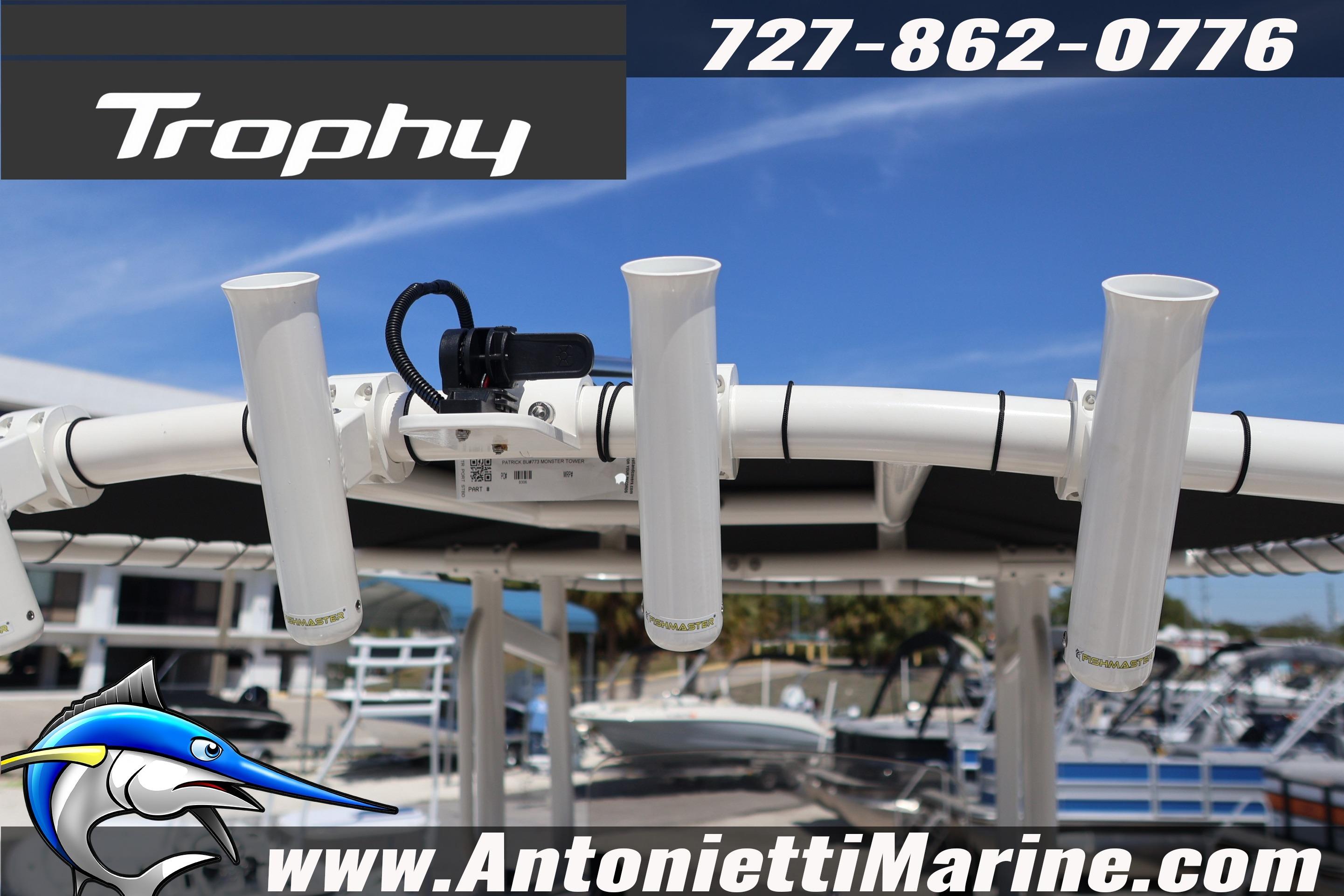 2026 Bayliner Trophy T20CC boat with rod holders, displayed at Antonietti Marine.