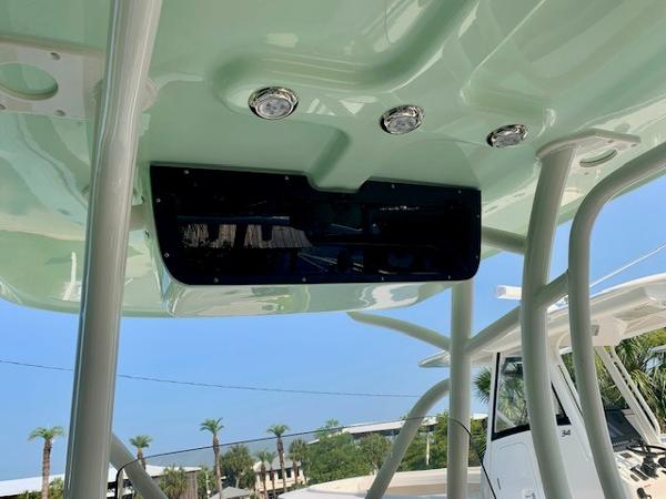 2025 Pioneer 222 Islander boat canopy with integrated lights and sleek design.