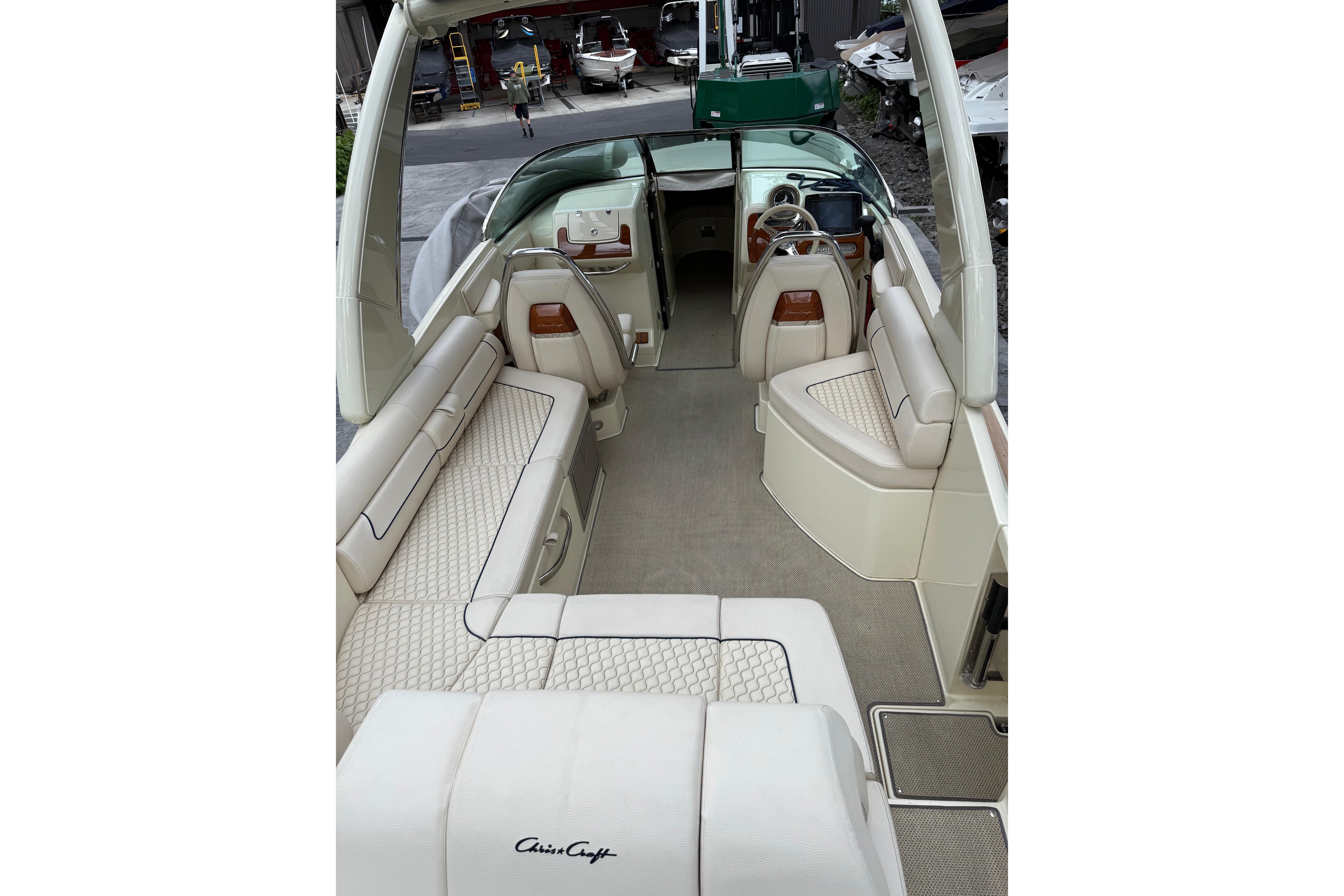 2019 Chris-Craft Launch 28 GT interior with luxurious seating and elegant design.