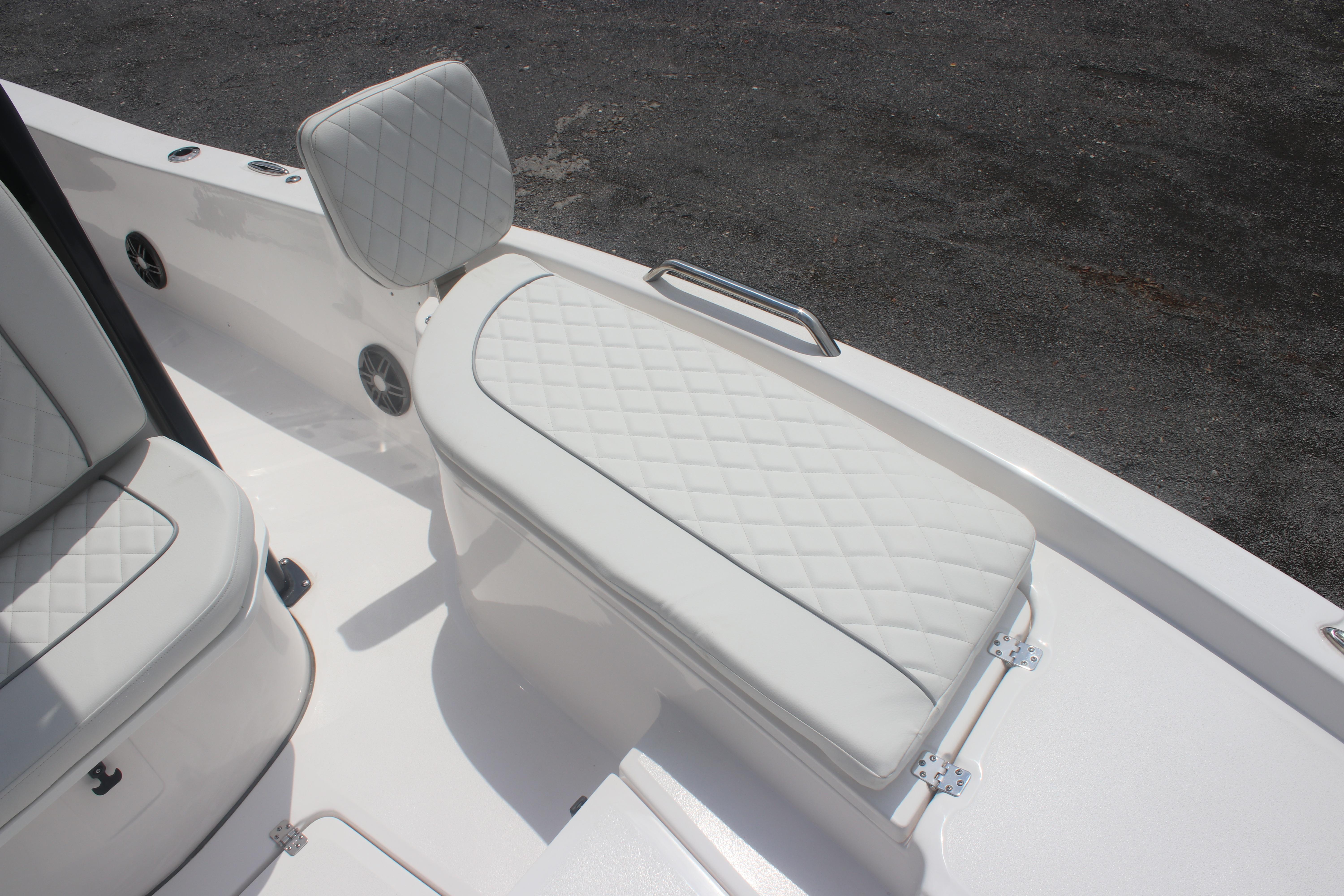 2025 Sea Fox 231 Bay Fox boat with white quilted seating and sleek design.