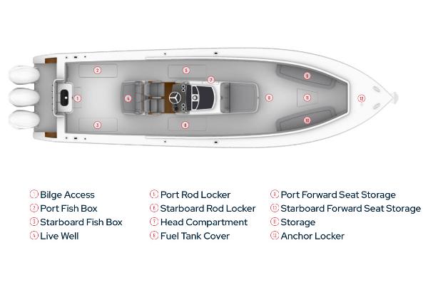 Manufacturer Provided Image: Top view layout of 2026 Jupiter 380LS boat with labeled compartments and features.