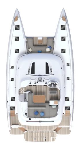 Top view of 2025 Lagoon 55 catamaran, showcasing spacious deck layout.