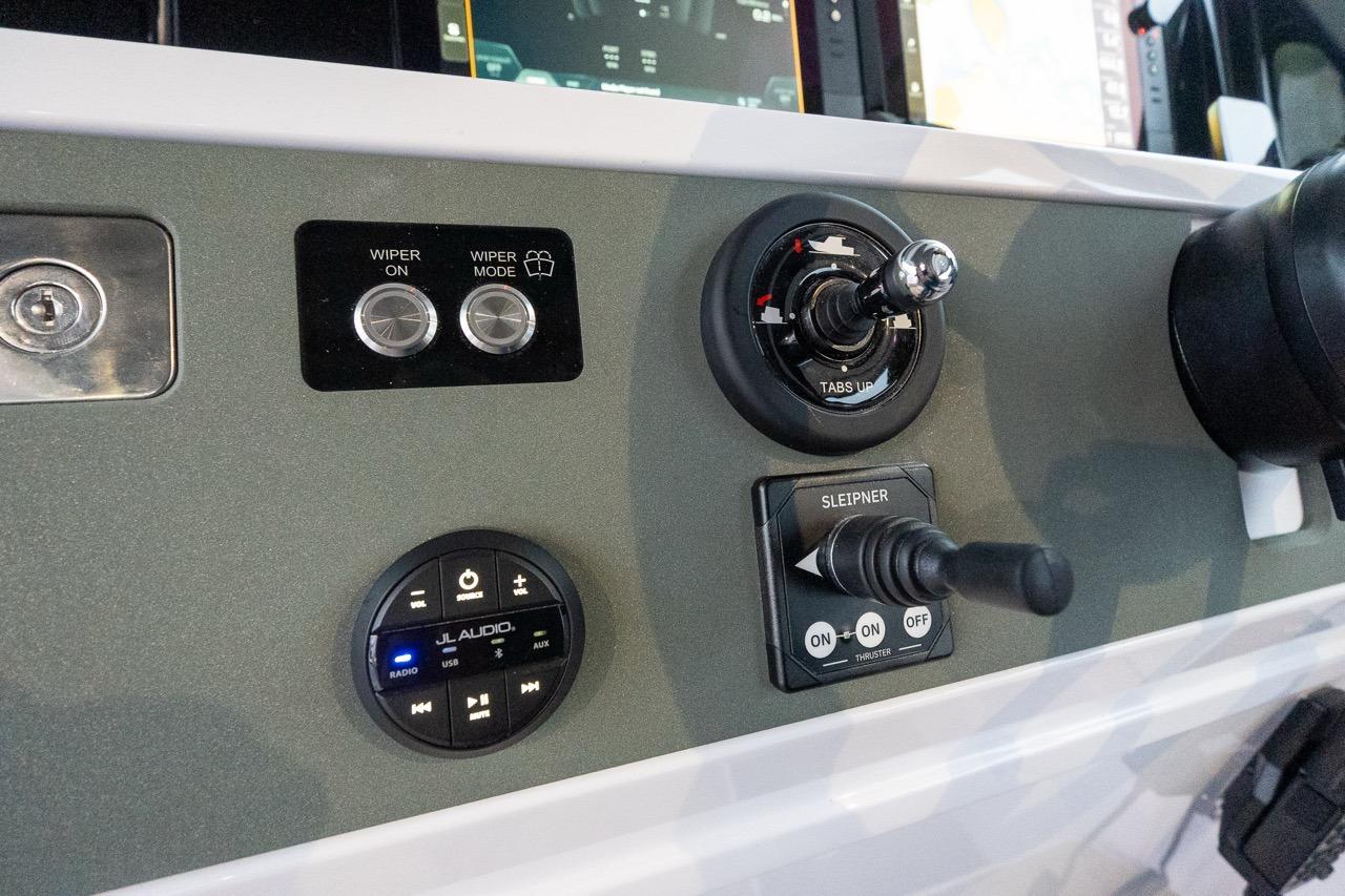 Control panel of 2027 Axopar 38 Cross Cabin with audio and wiper controls.