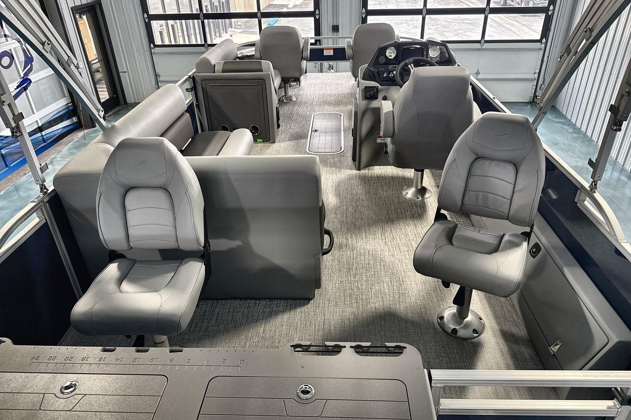 Interior of 2026 Landau Island Breeze 23F pontoon boat with gray seating and modern design.