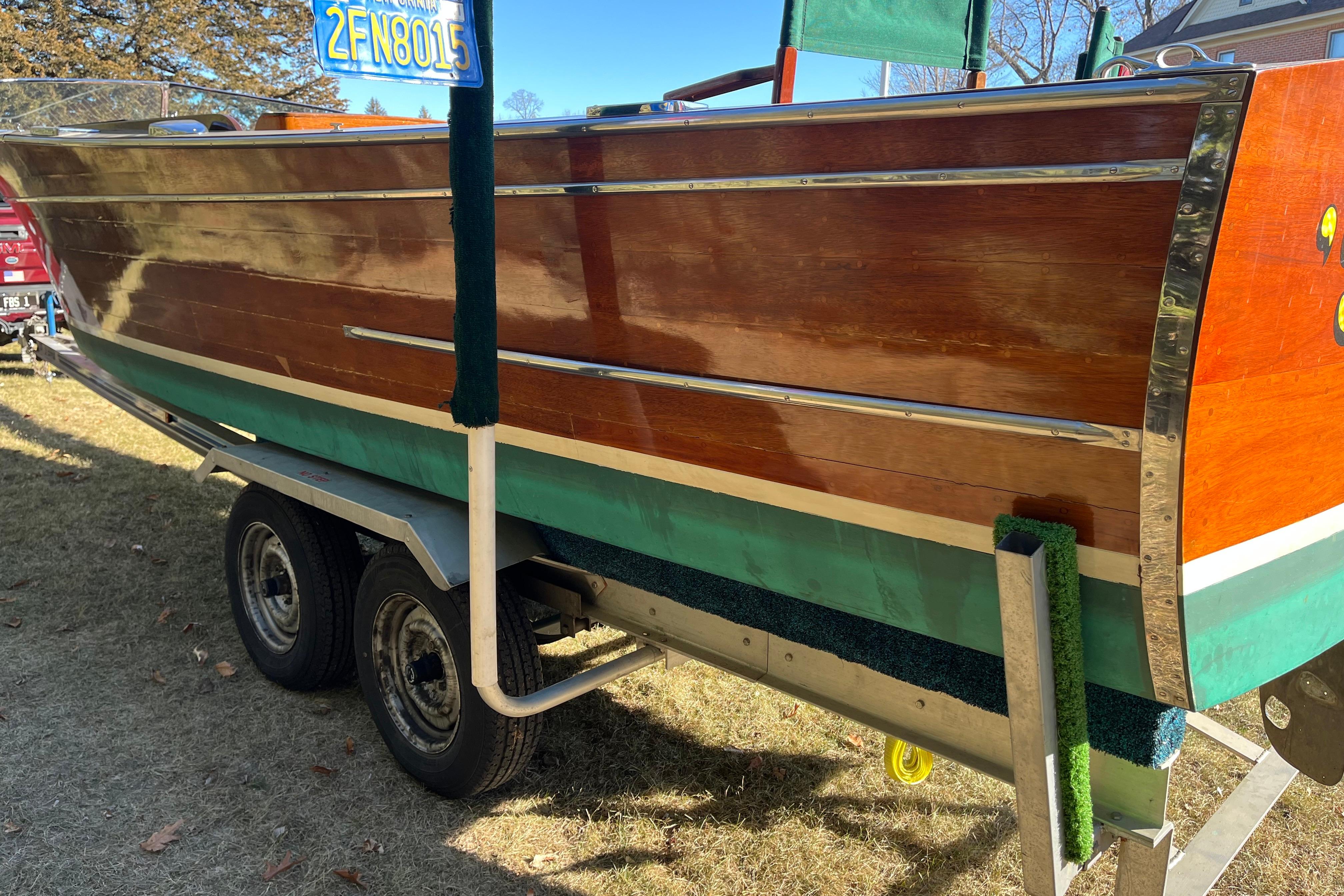 1938 Chris-Craft 28 Sportsman wooden boat on trailer, showcasing classic design.