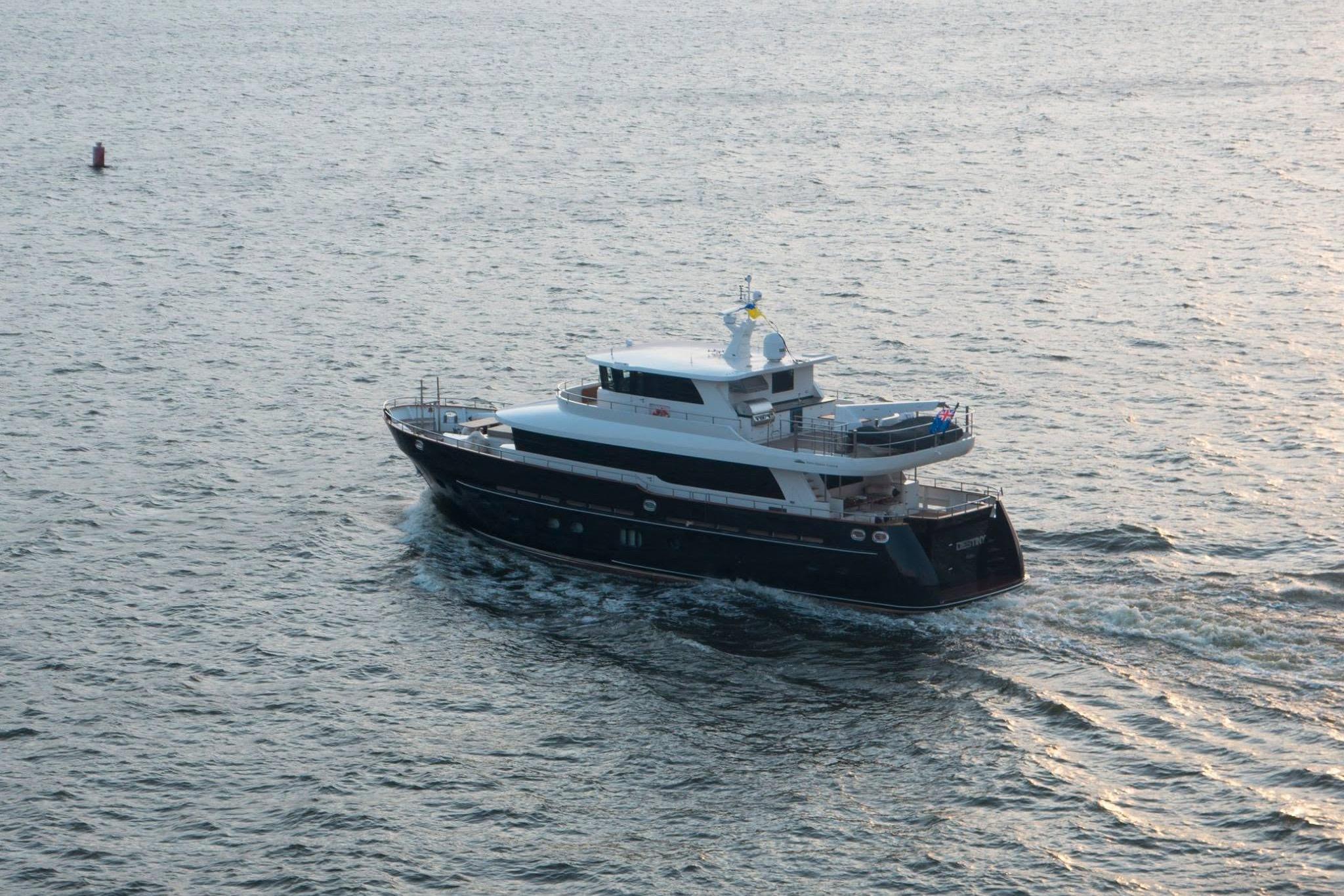 2014 Fifth Ocean Yachts 24m Displacement Explorer Yacht cruising on open water.