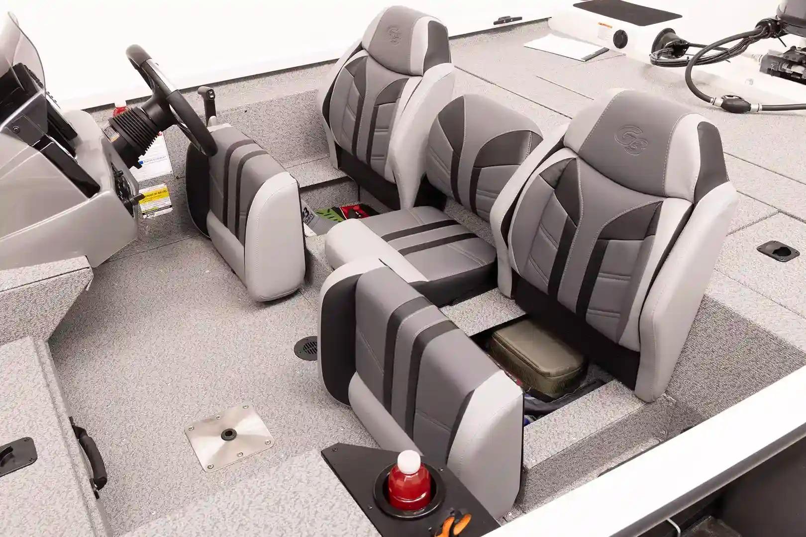 Manufacturer Provided Image: 2026 G3 Sportsman 1710 PFX boat interior with gray and black seating arrangement.