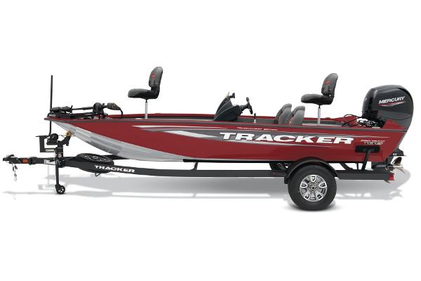 Manufacturer Provided Image: 2025 Tracker Pro Team 195 Tournament Edition fishing boat, red with trailer, side view.