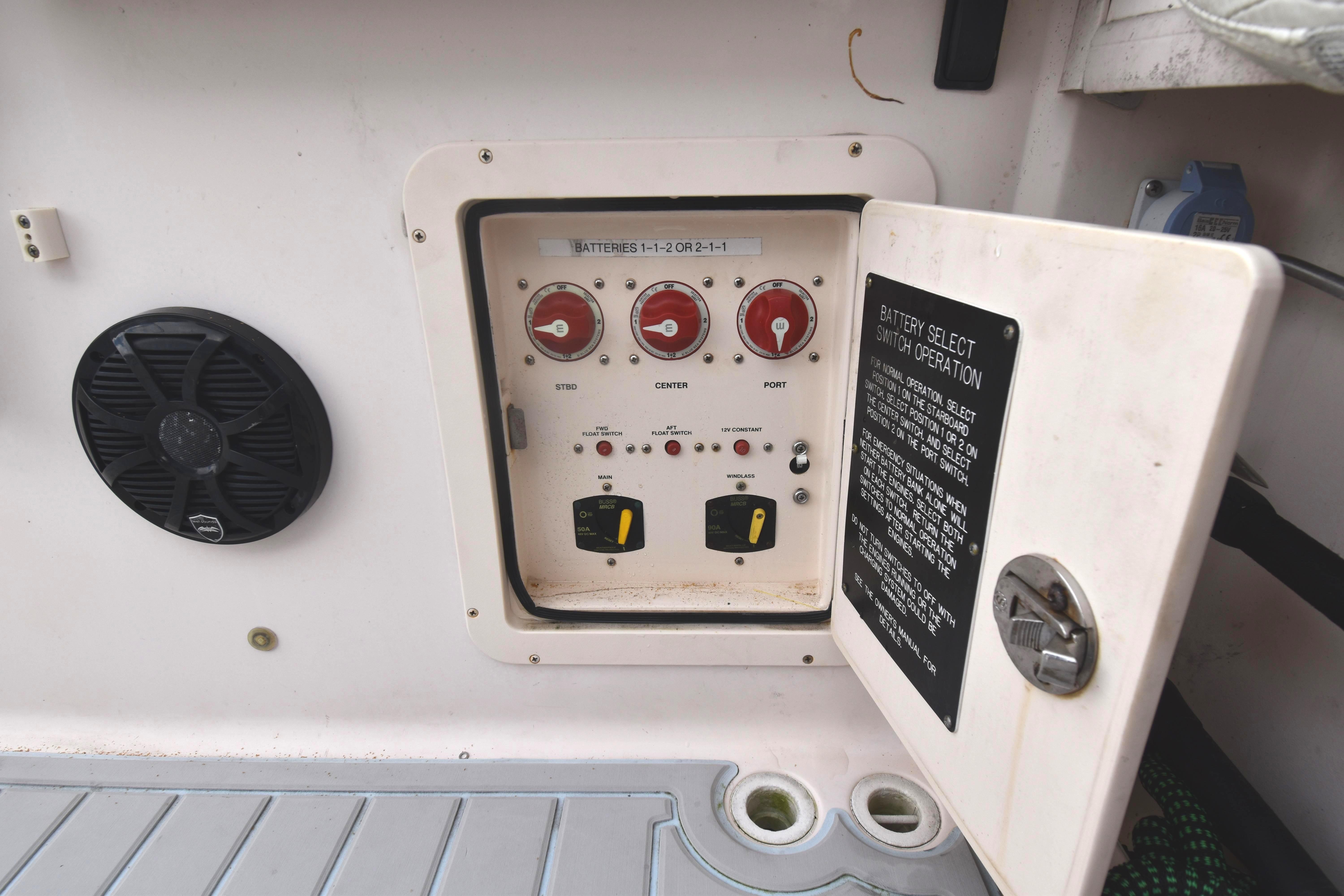 Control panel on a 2010 Grady-White Canyon 366 boat with battery switches.