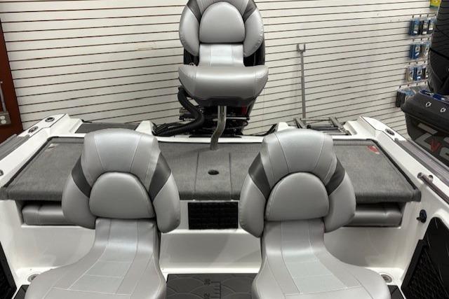 2026 Nitro ZV20 Sport Pro boat interior with gray seating and storage compartments.