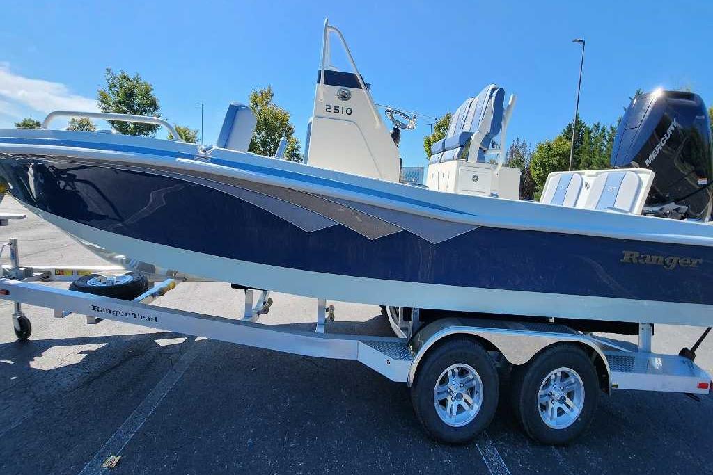 2025 Ranger 2510 Bay boat on trailer, sleek design, parked outdoors.