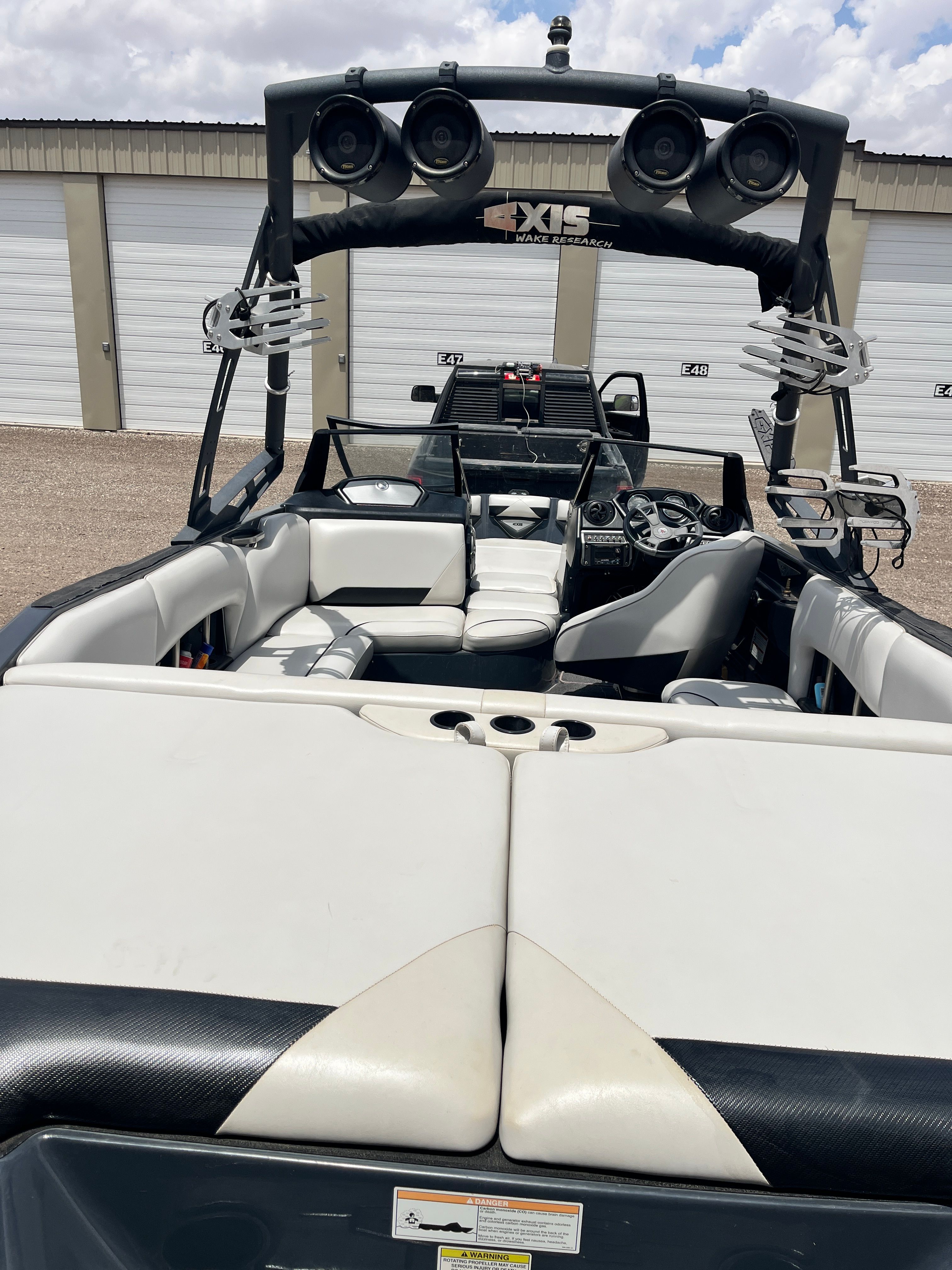 Interior view of a 2013 Axis A22 boat with speakers.