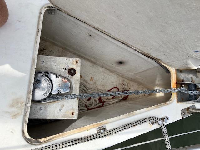 Anchor chain compartment of a 1999 Contour 34 SC sailboat.