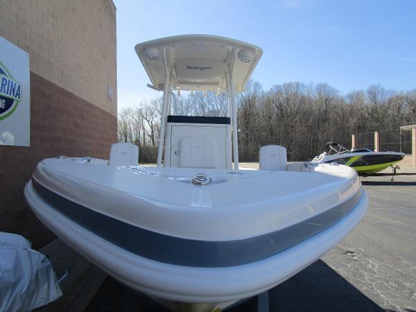 2024 Ranger 2660 Bay boat in a parking lot, front view.
