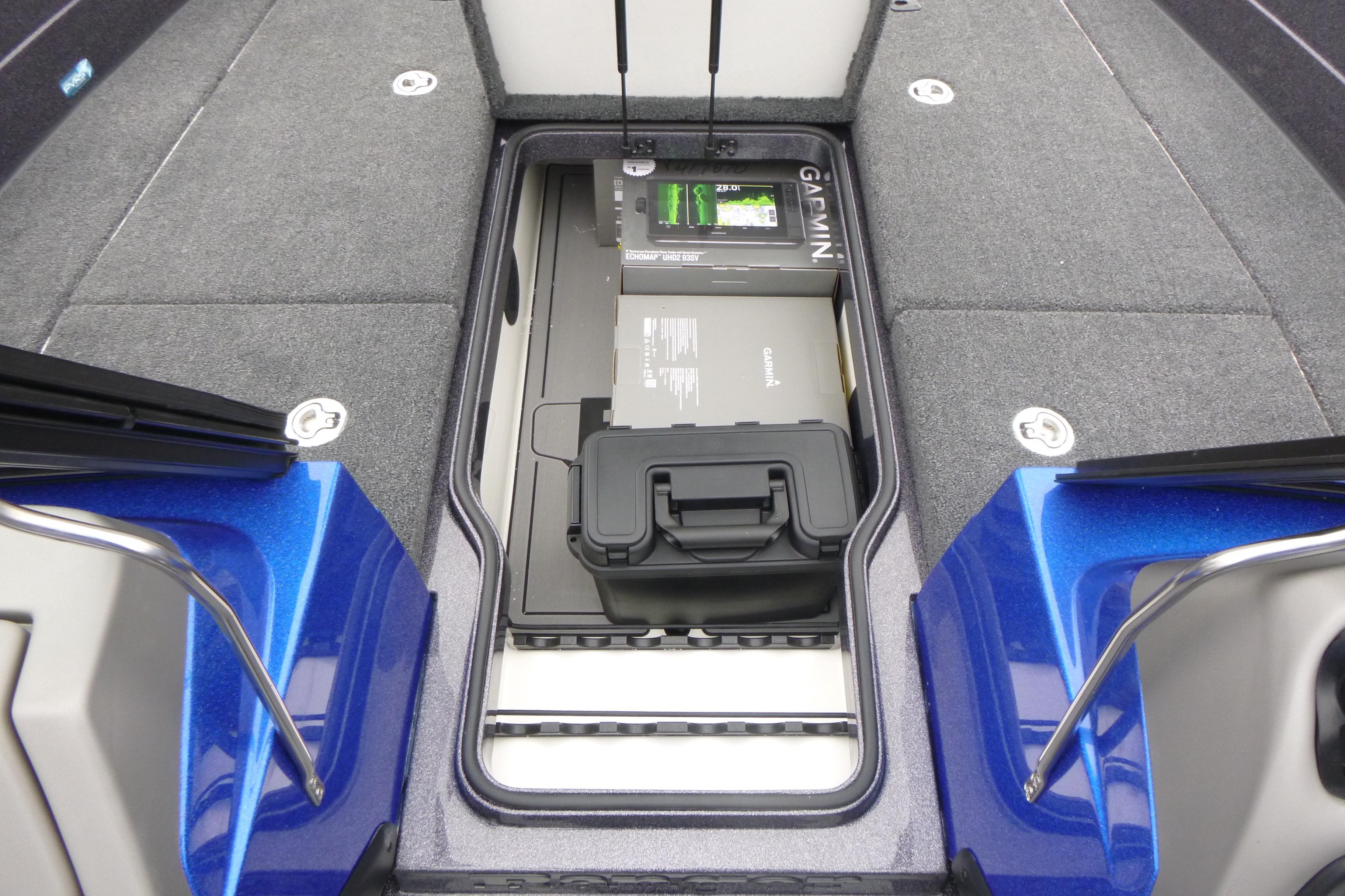 2026 Ranger 620FS Cup Equipped boat storage compartment with Garmin equipment.