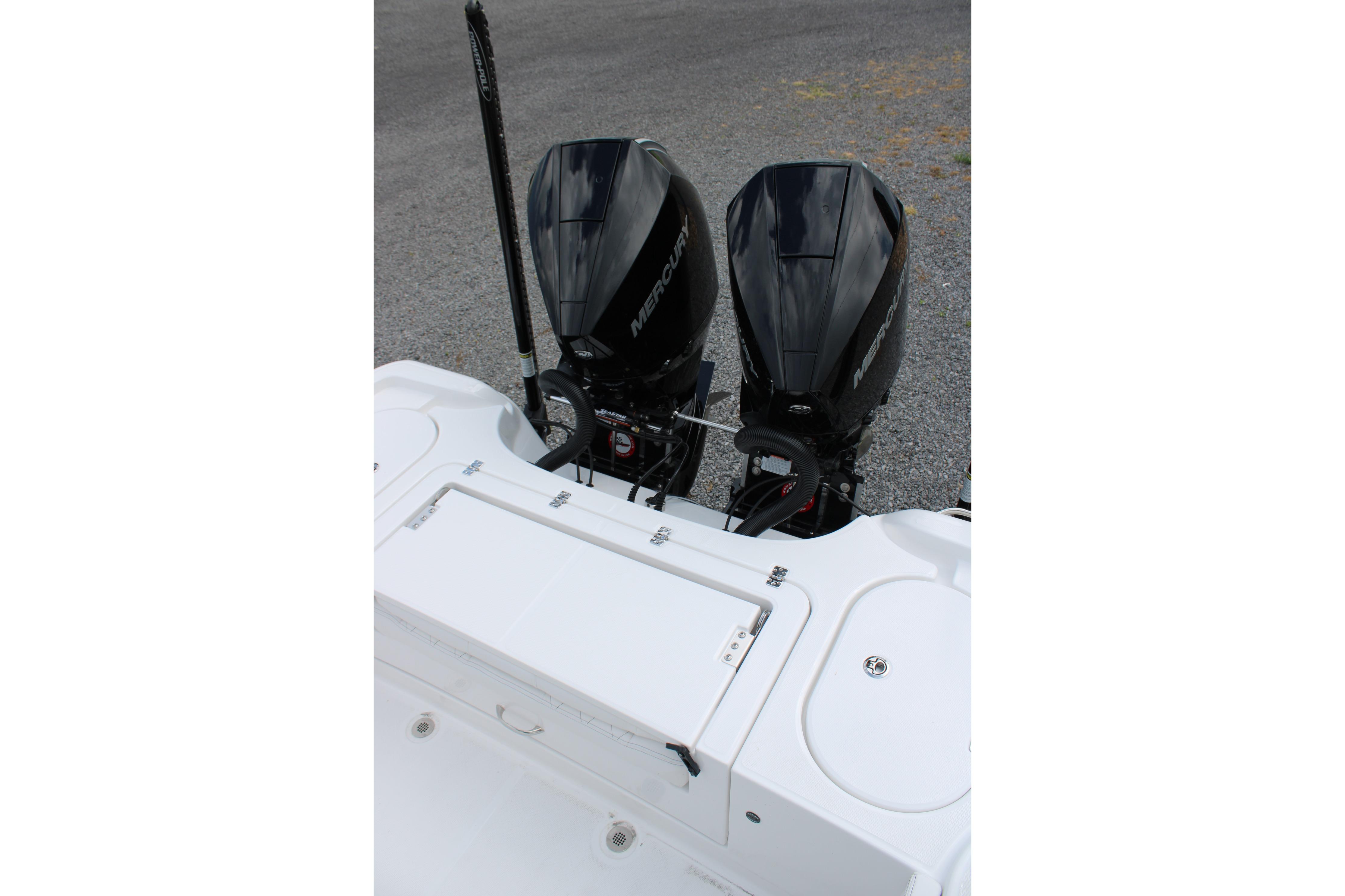 2027 Blazer Bay Makaira 2800 boat with dual Mercury outboard engines.