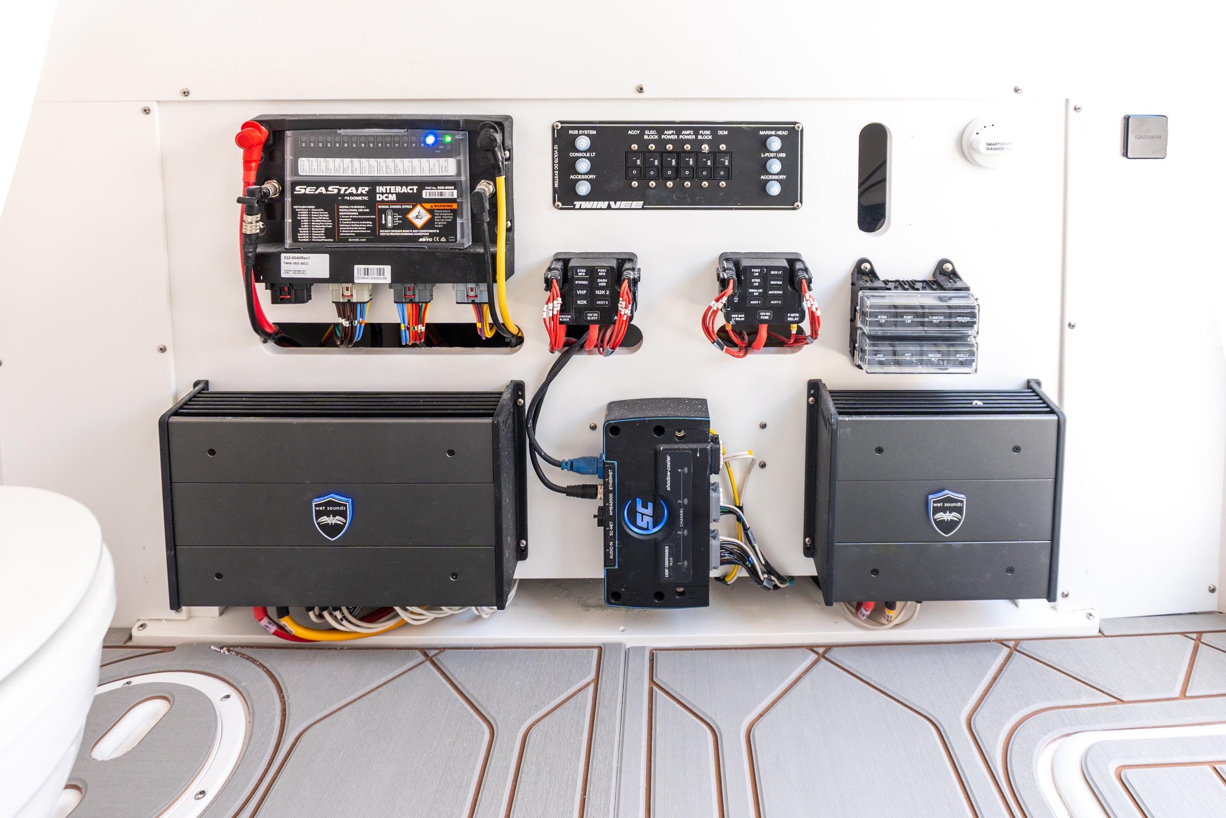 Electrical panel of 2026 Twin Vee 400 GFX2 CC boat, featuring advanced wiring and components.