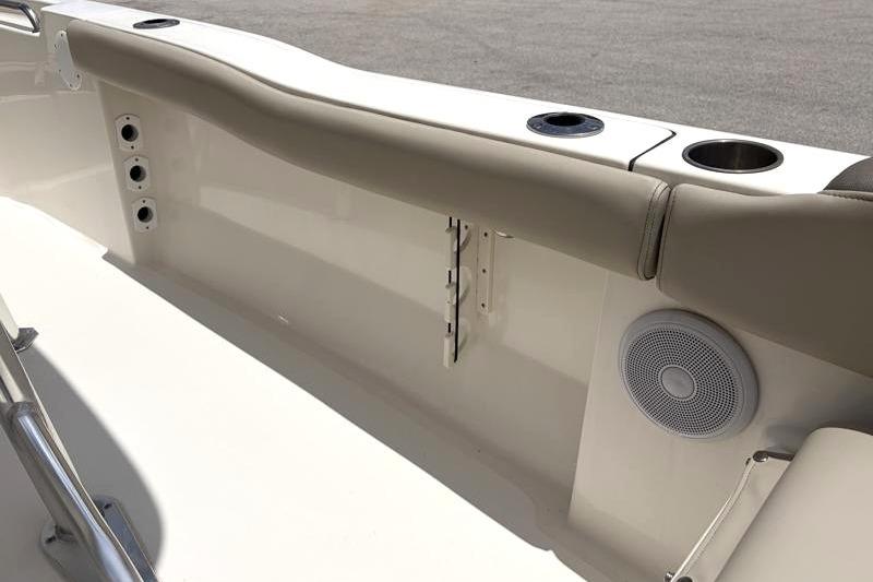 2023 Key West 203 FS boat interior with cup holders and speaker.