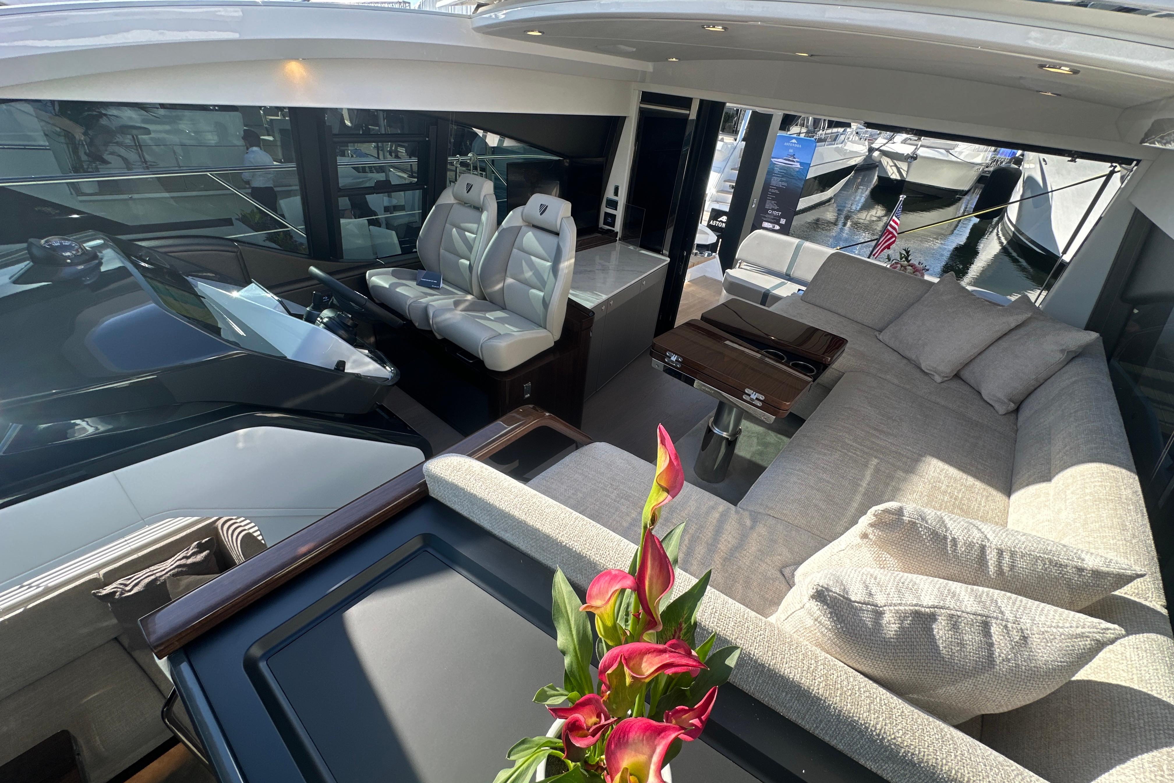 Luxurious interior of 2026 Fairline Targa 47 GT yacht with plush seating and modern design.