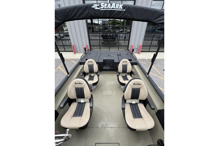 2026 SeaArk Predator 300 AK boat interior with four beige and black seats.