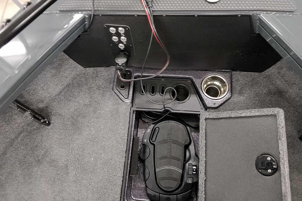 Interior view of 2026 Ranger VX1888 WT boat with control panel and foot pedal.