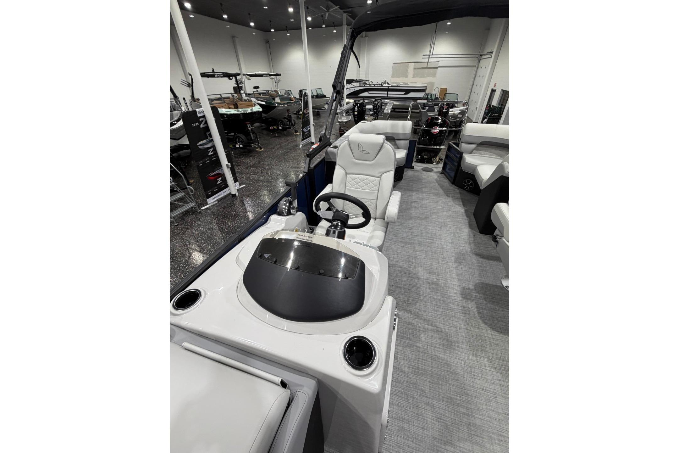 2026 Lowe SS 230 WT boat interior with modern steering console and seating.