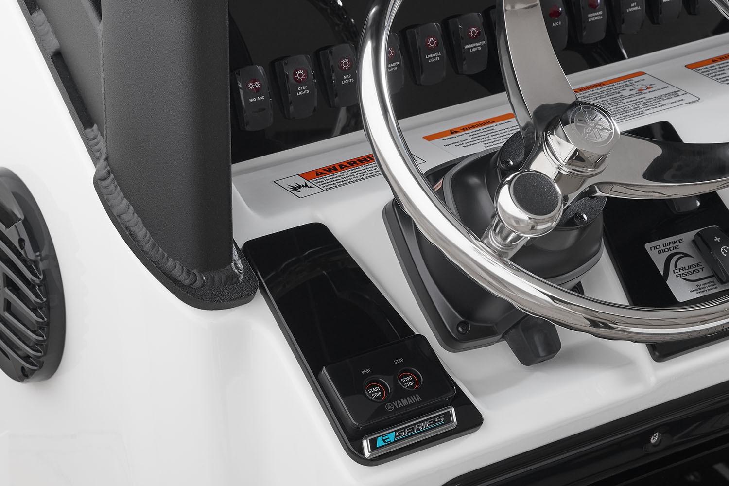 Manufacturer Provided Image: Steering console of 2026 Yamaha Boats 255 FSH Sport H, featuring modern controls and sleek design.