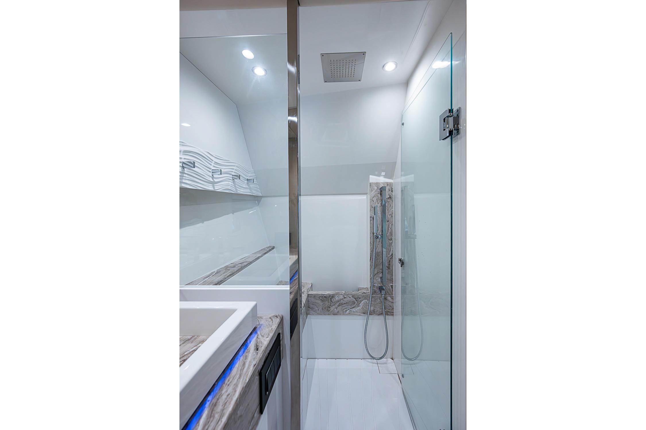 Modern bathroom interior in 2025 Formula 500 Super Sport Crossover yacht.