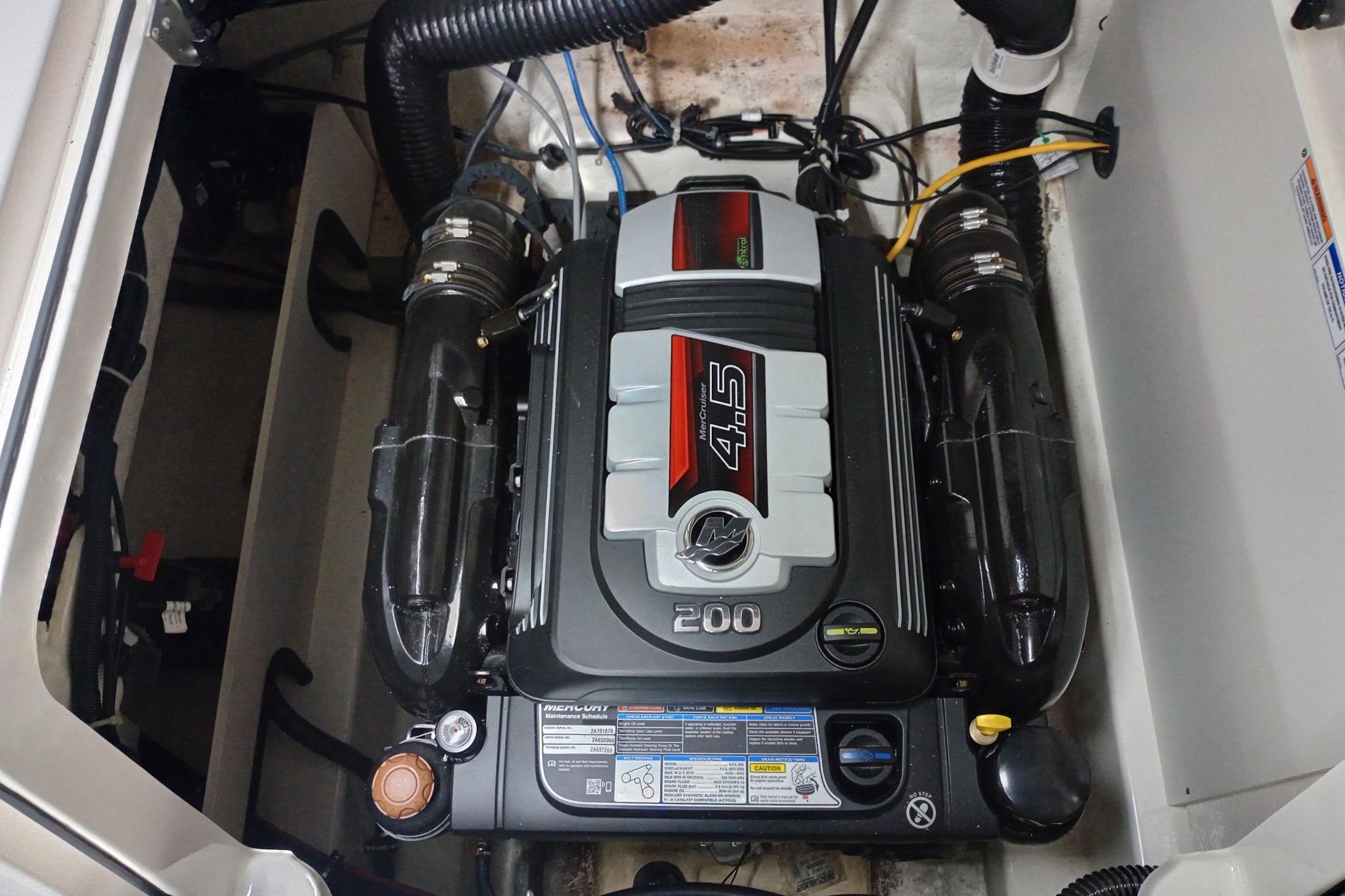 2022 Bayliner VR5 Bowrider I/O engine compartment with Mercury 4.5L 200 HP motor.
