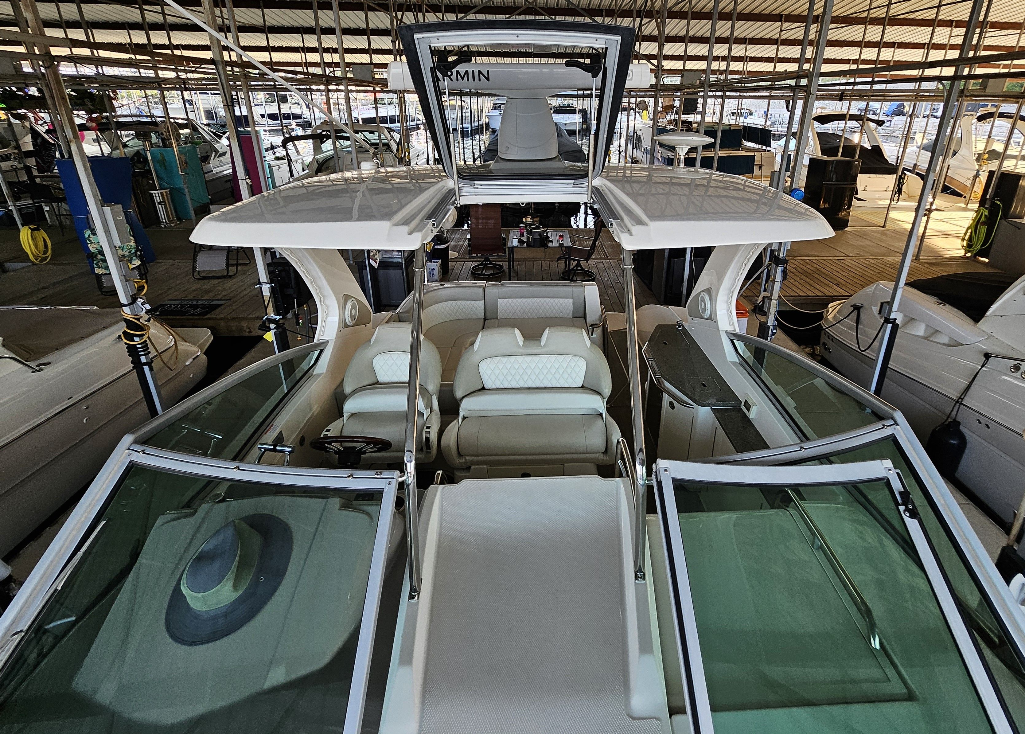 2014 Chaparral 330 Signature yacht interior view in marina.