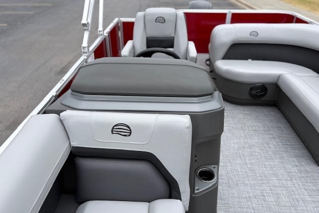 2026 Sun Tracker Party Barge 18 DLX interior with gray seating and modern design.