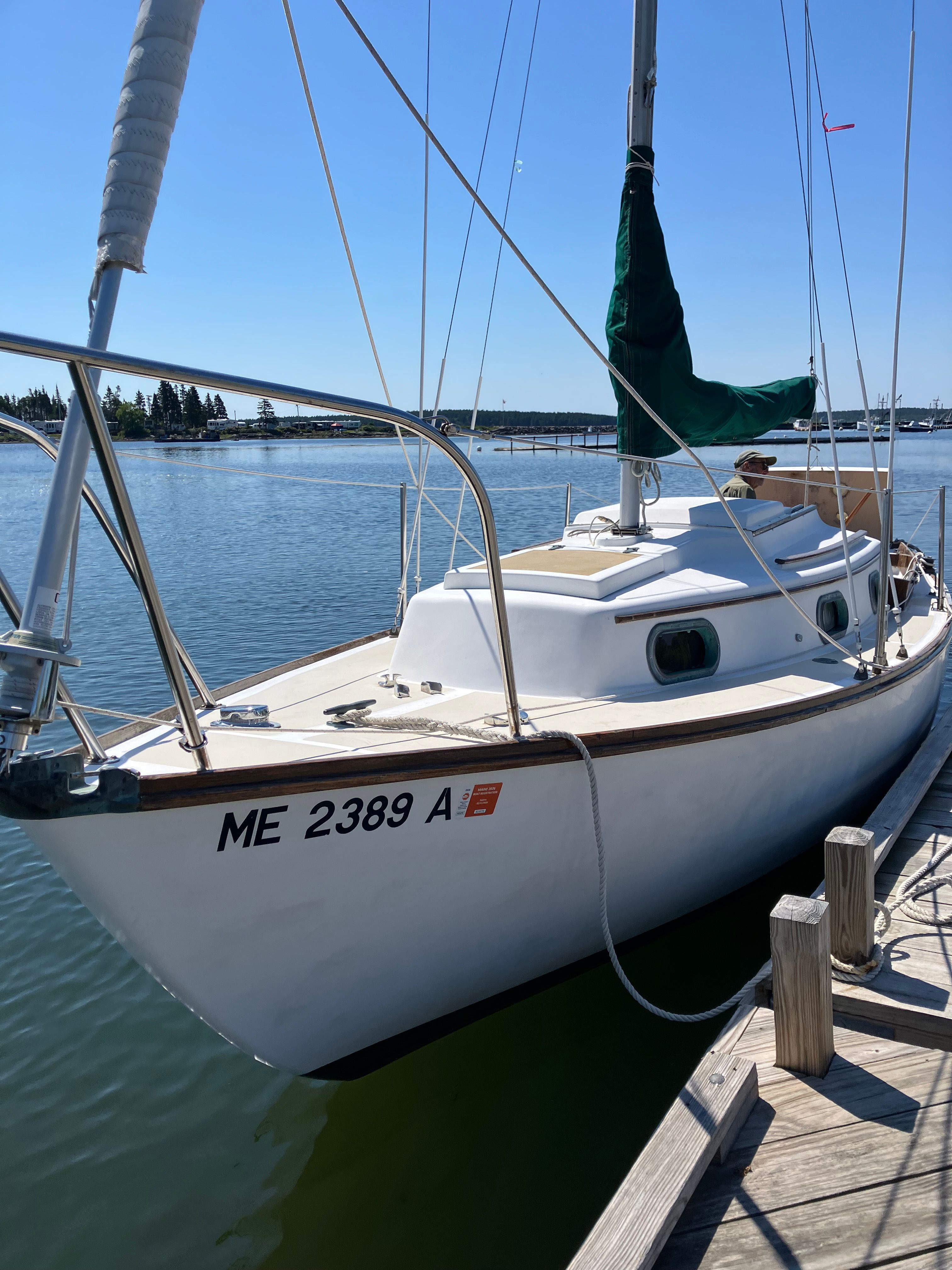 A 1982 Cape Dory 25 sailboat is docked at a wooden pier. It features a white deck and green sails.