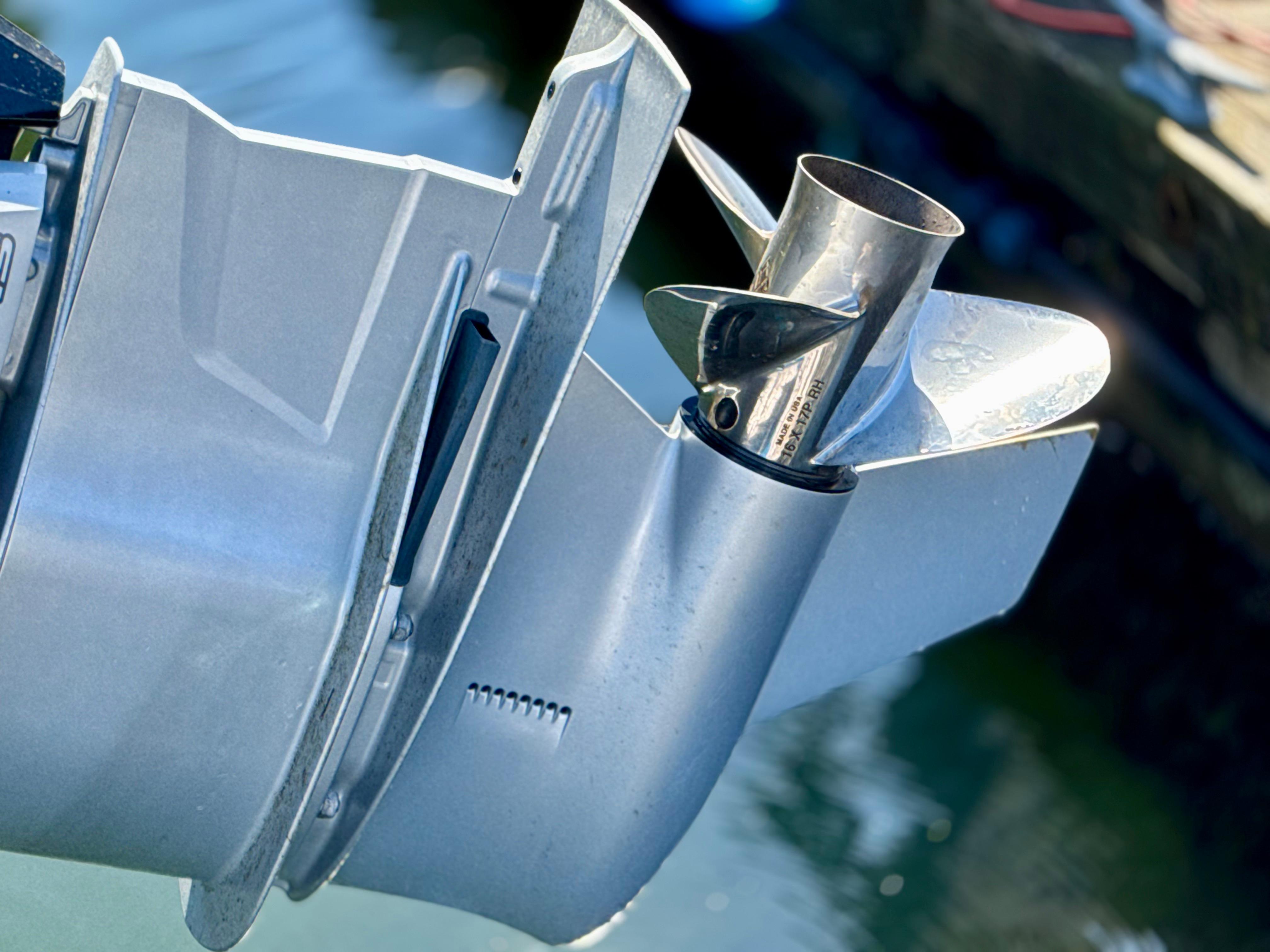 Outboard motor propeller of 2021 Hunt Yachts Harrier 26, close-up view.