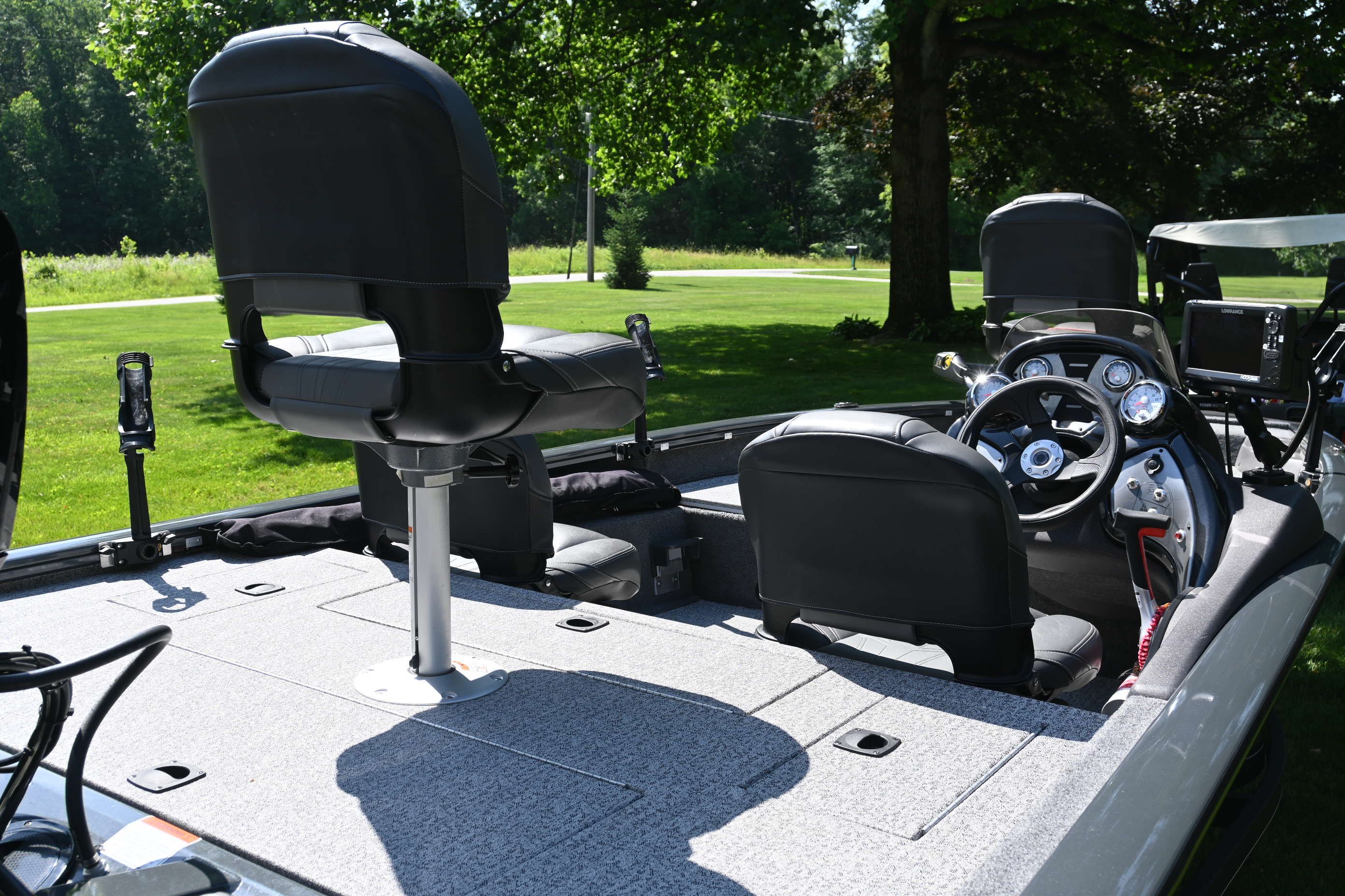 2022 Tracker Pro 175 TF interior view with seats and steering.