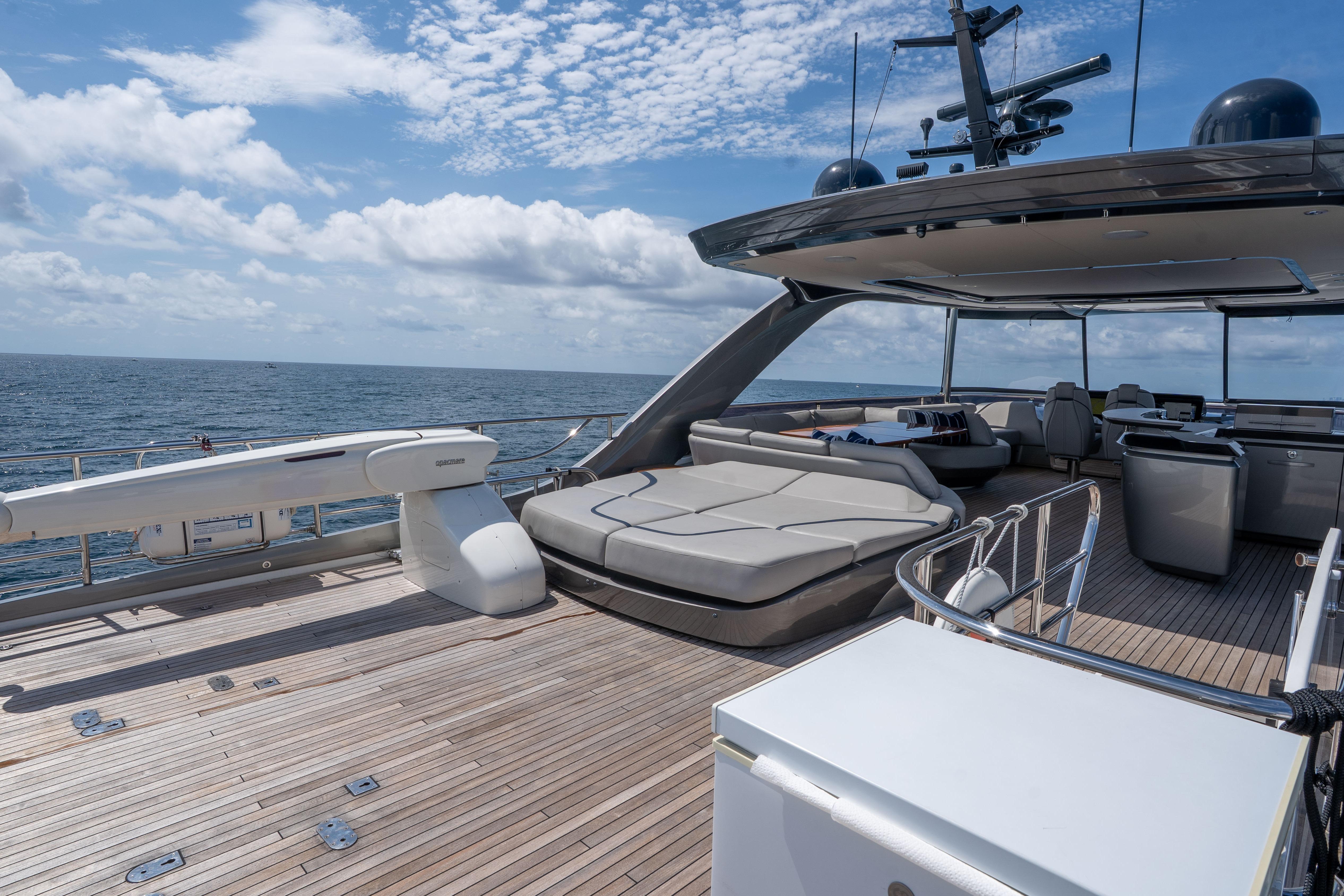 Luxurious 2020 Princess Y85 yacht deck with seating, ocean view, and clear skies.