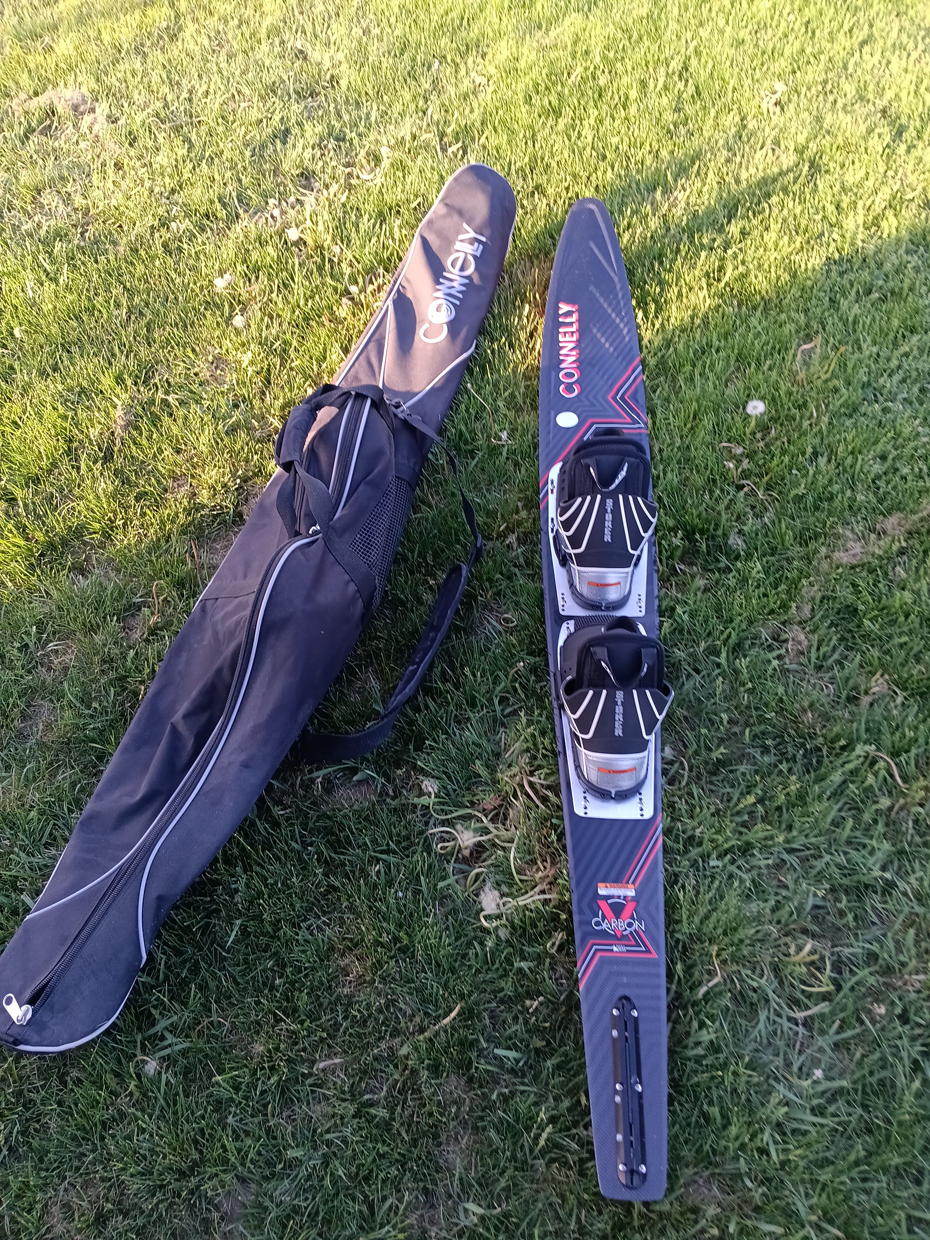 Connelly water ski and bag on grass, Malibu Skier 1991.