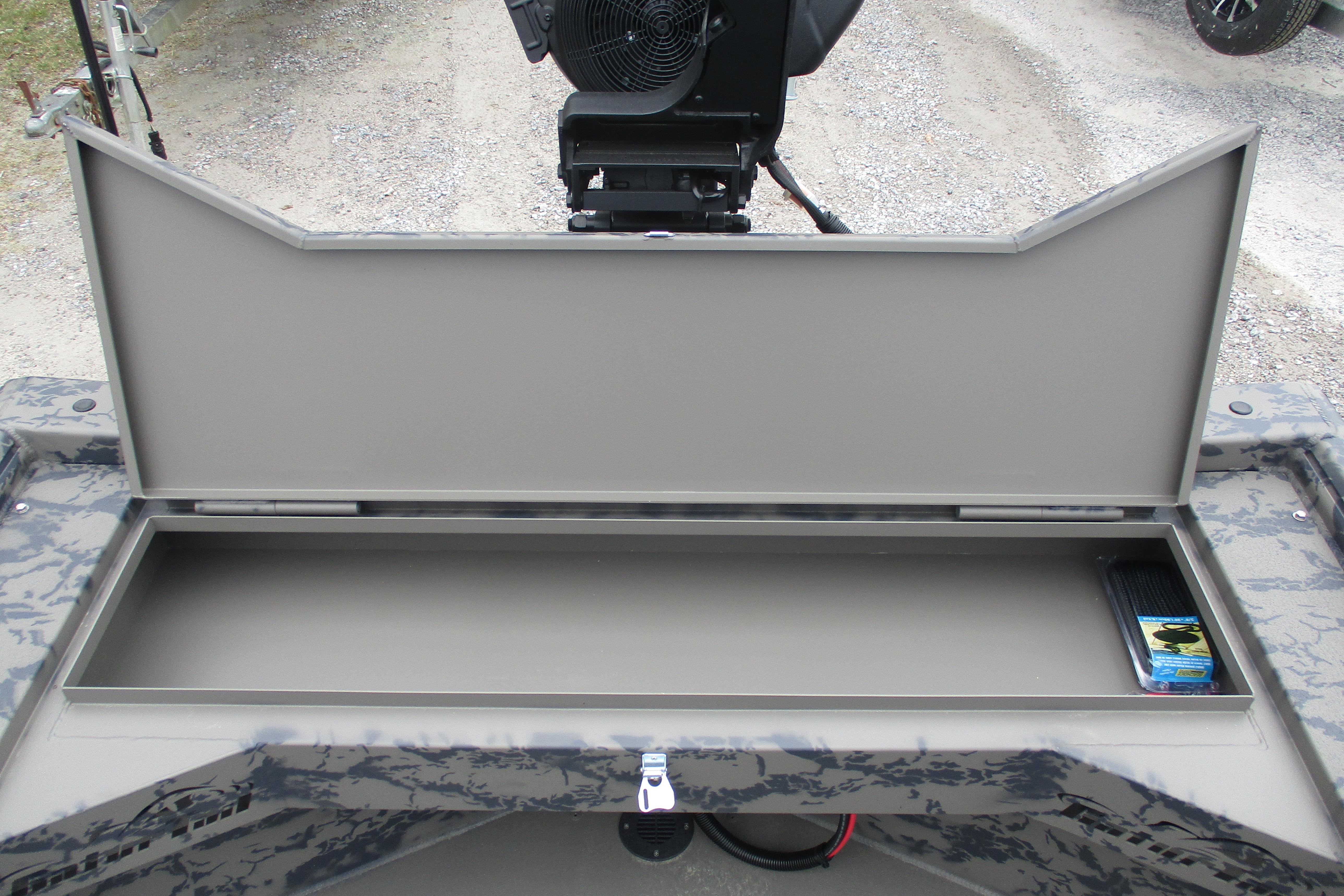 Open storage compartment in 2026 Gator Tail 1754 Extreme boat, showing interior space.