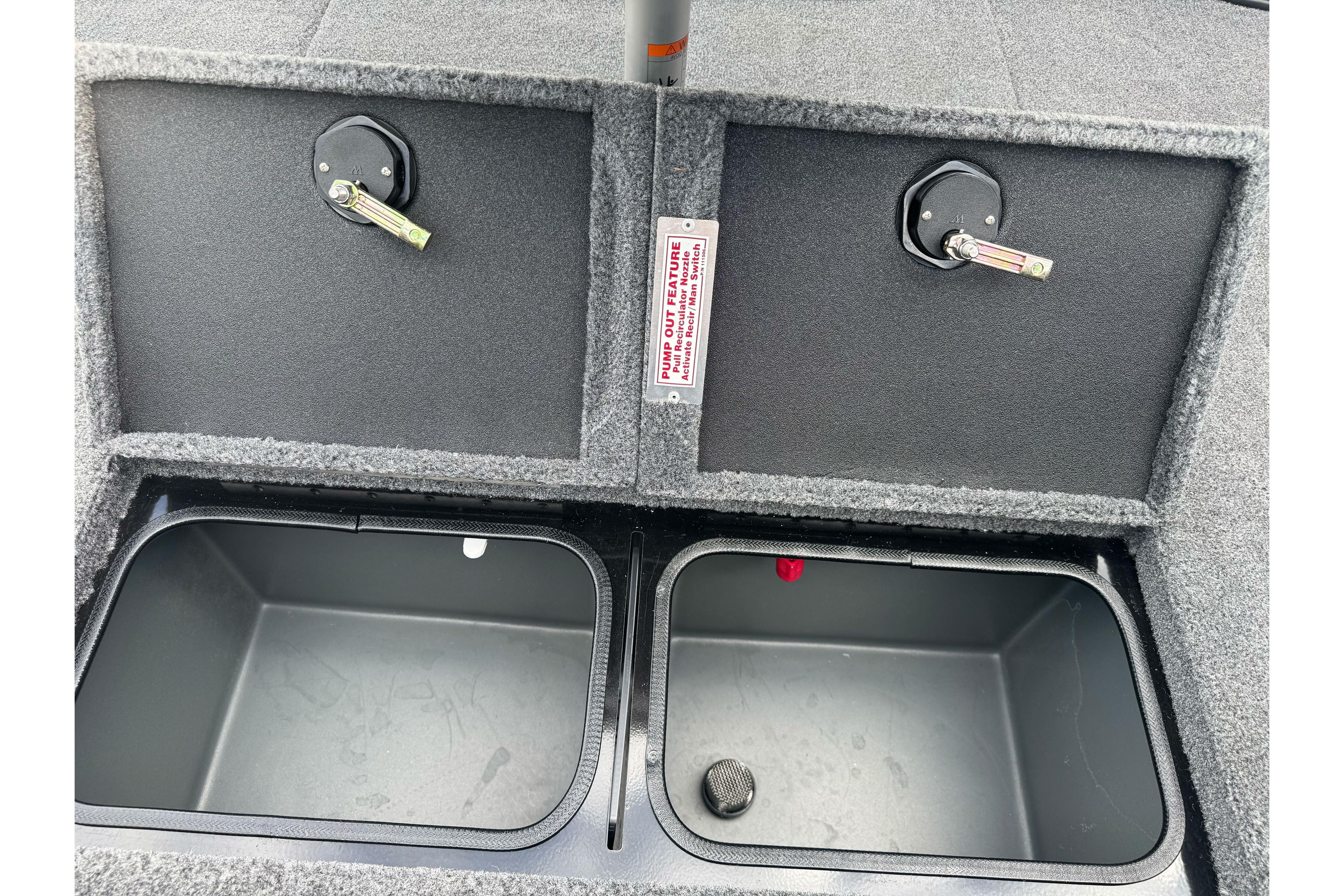 Interior storage compartments of 2026 Ranger ALPHA 208 boat, featuring secure latches.