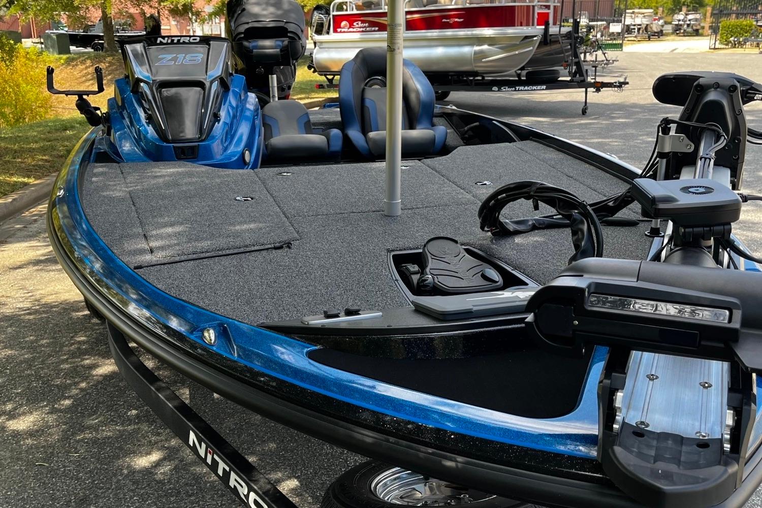 2025 Nitro Z18 boat with sleek design and advanced features, parked outdoors.