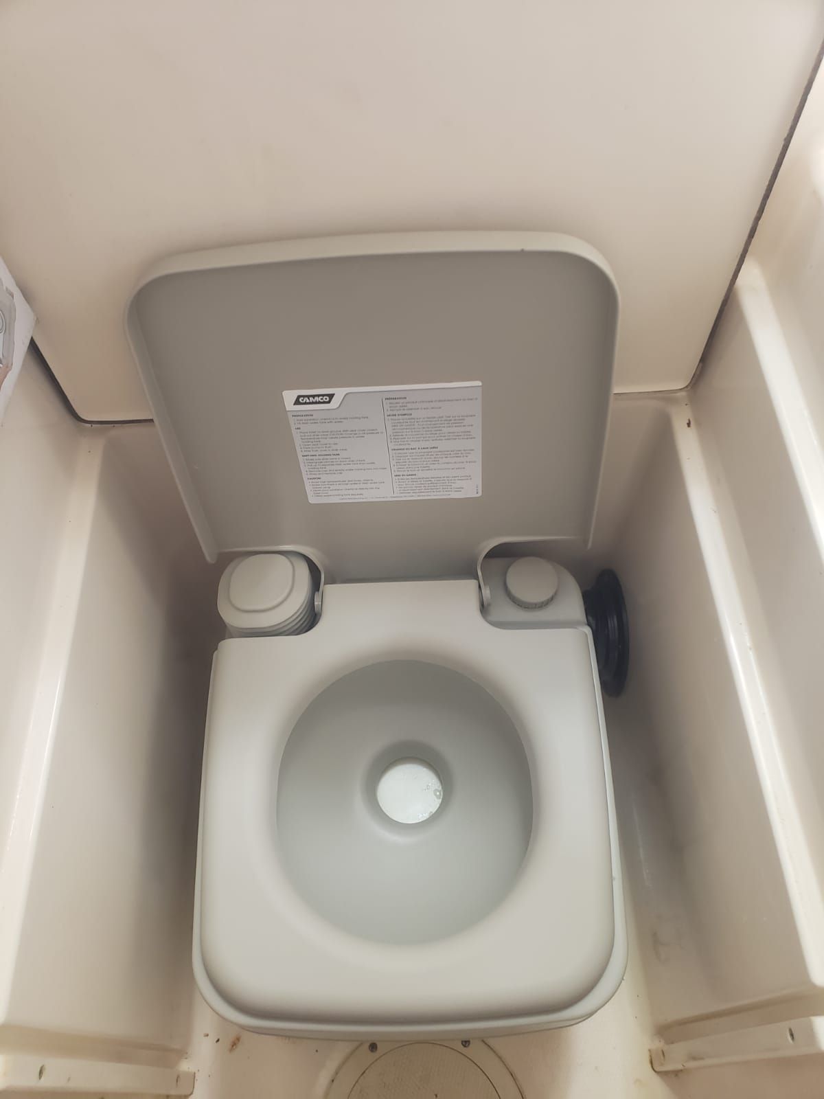 A portable boat toilet in a 1995 Grady-White Explorer 24.