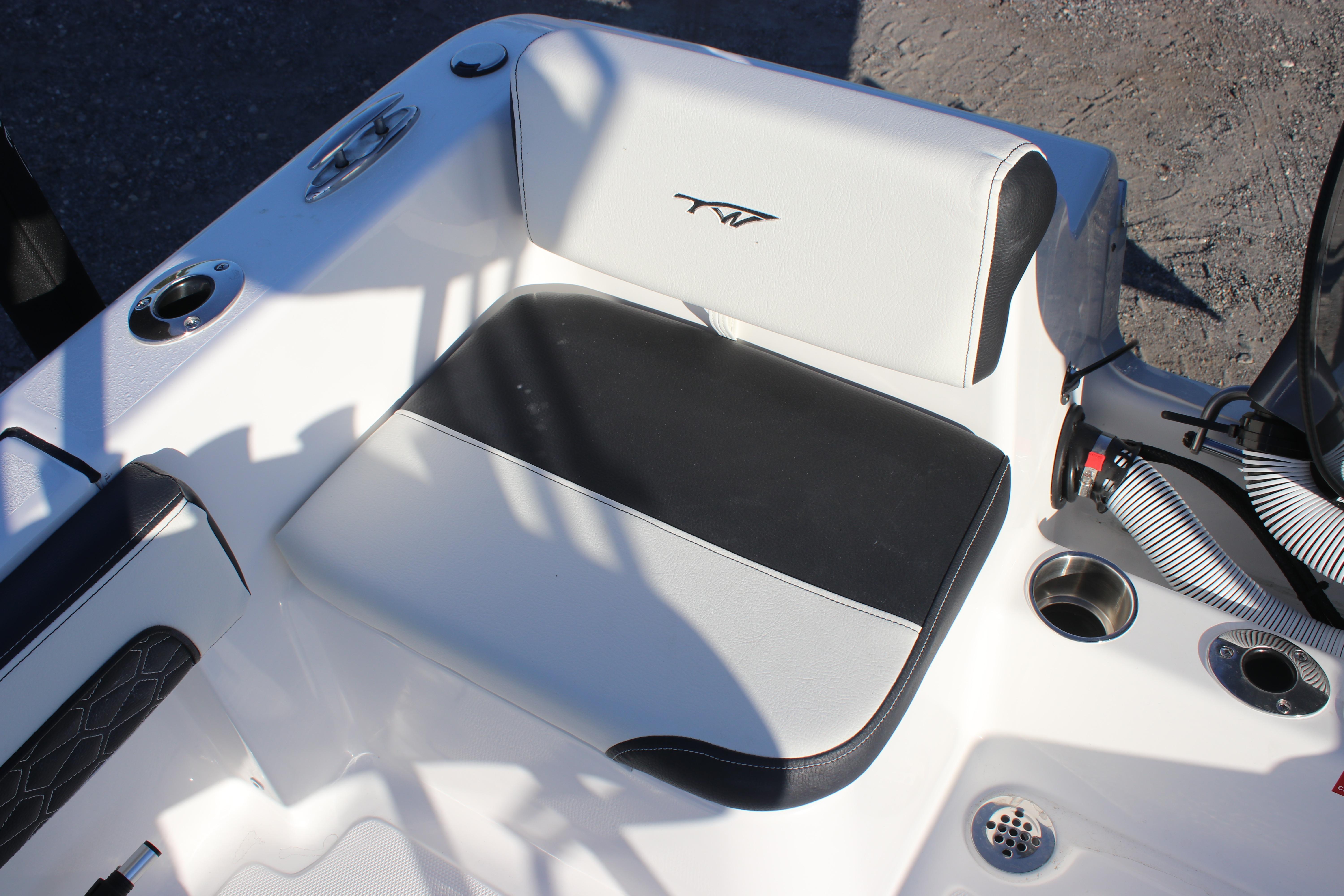 2026 Tidewater 180 CC Adventure boat seat with black and white upholstery.