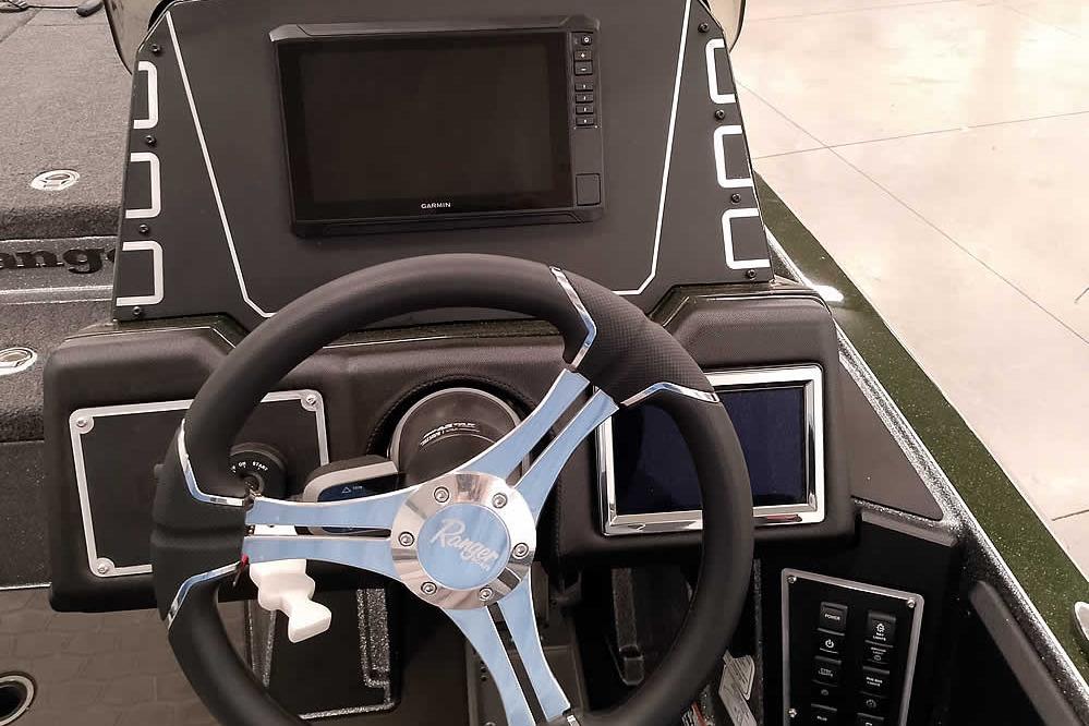 Steering console of 2026 Ranger Z519R Cup-Equipped boat with advanced navigation display.