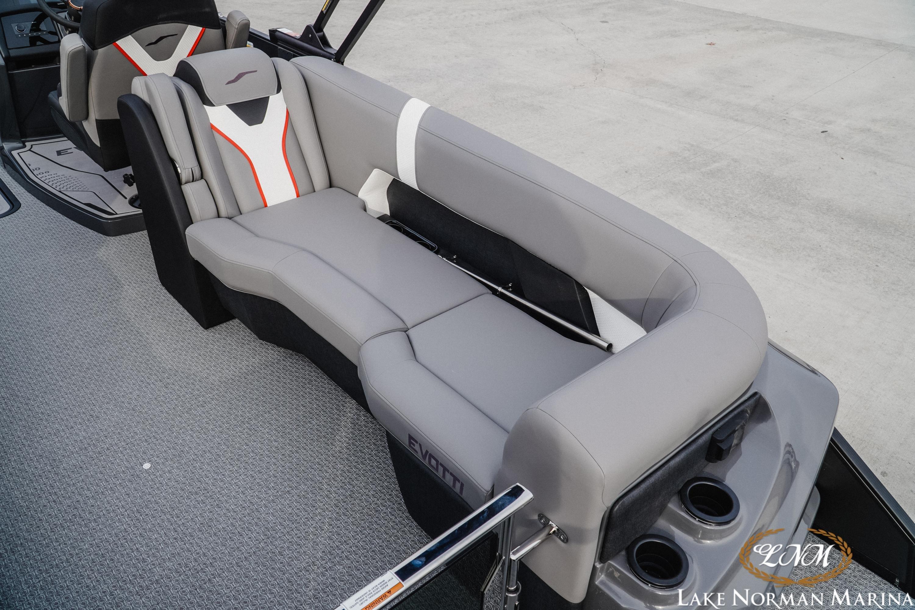 Luxurious seating on 2026 Evotti 723QL boat at Lake Norman Marina.