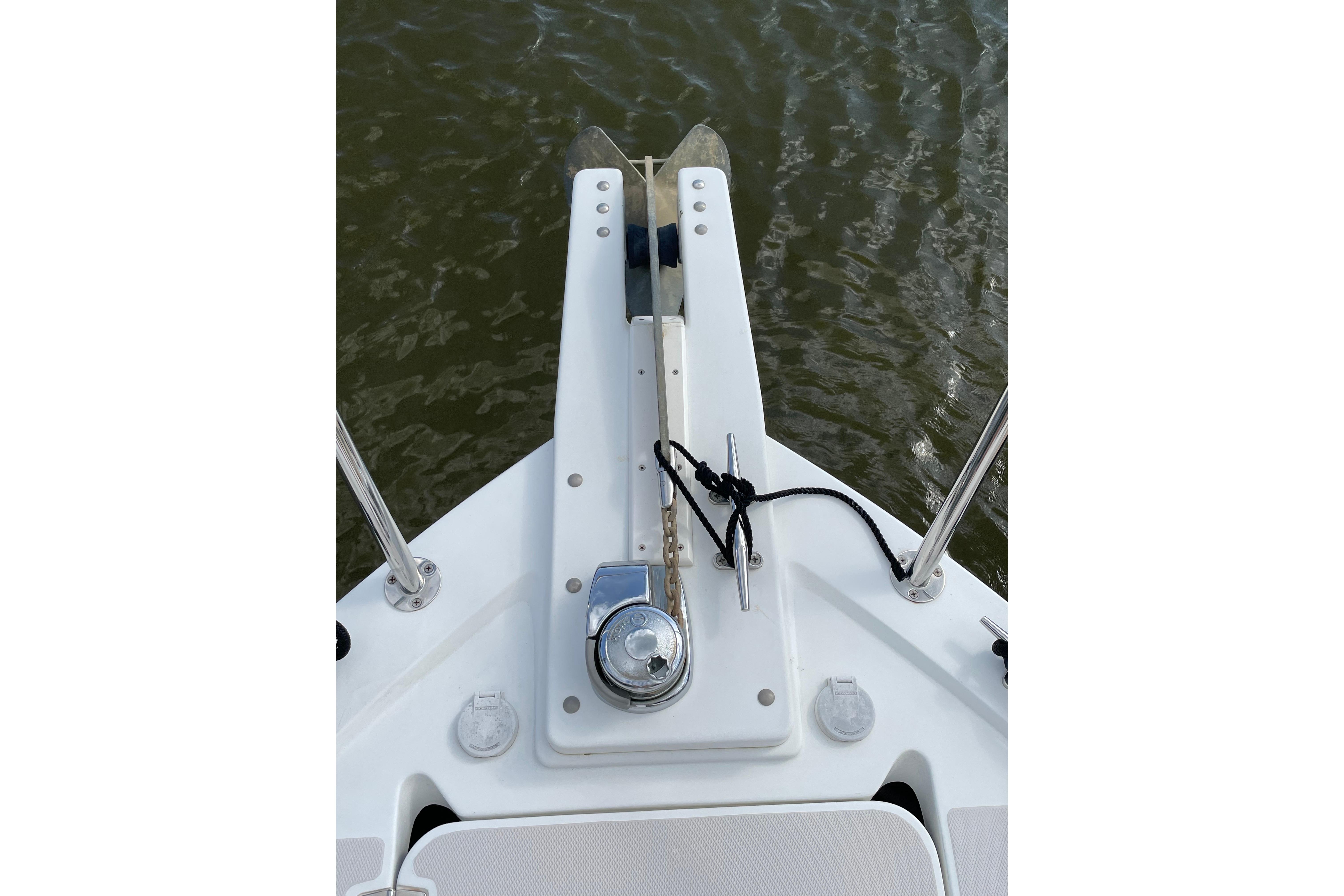 Bow of 2007 Back Cove 29 boat with anchor and winch system.