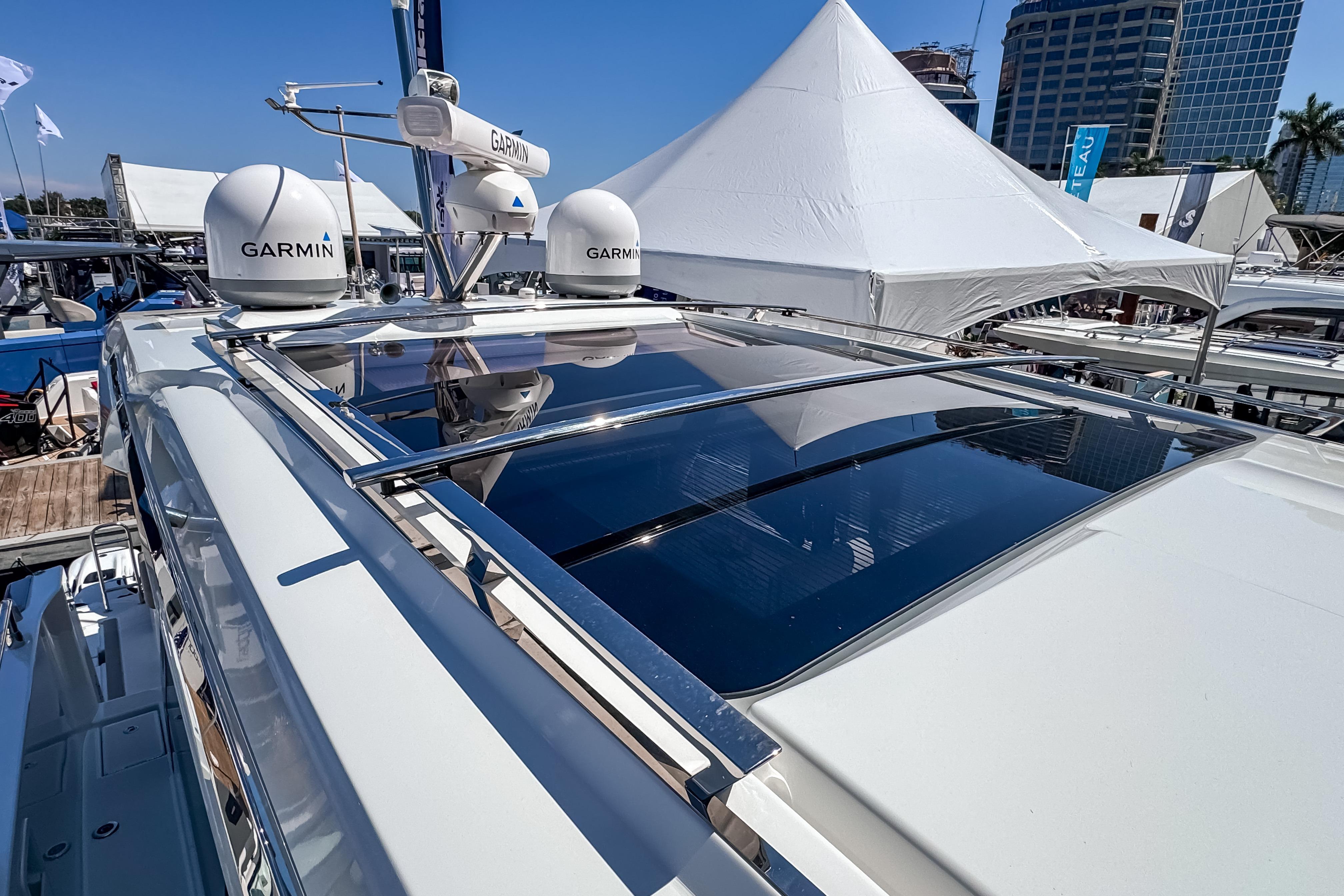 Wellcraft 44 Explorer 2026 with Garmin equipment at boat show.