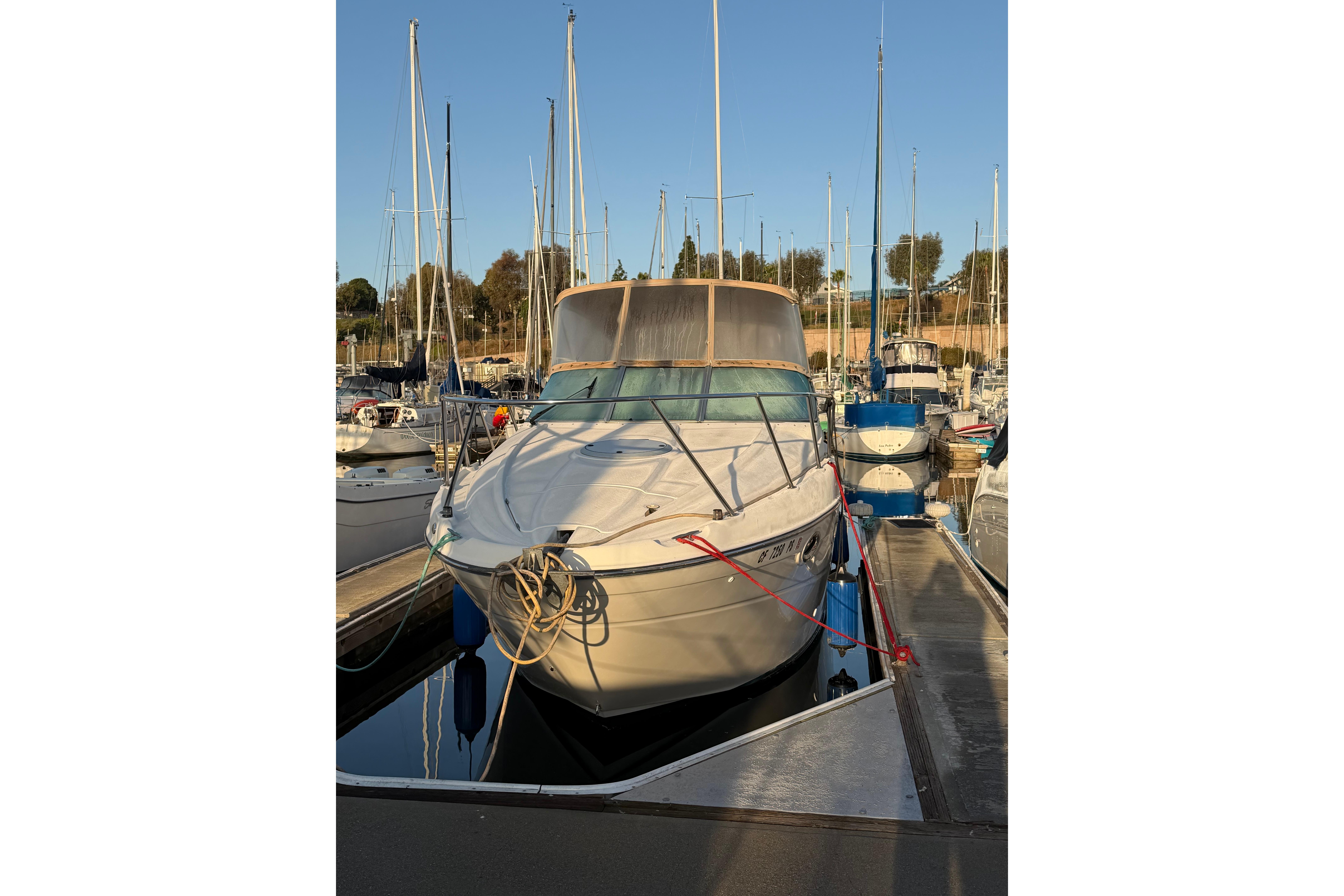 2001 Maxum 2800 SCR boat docked at marina, surrounded by sailboats.